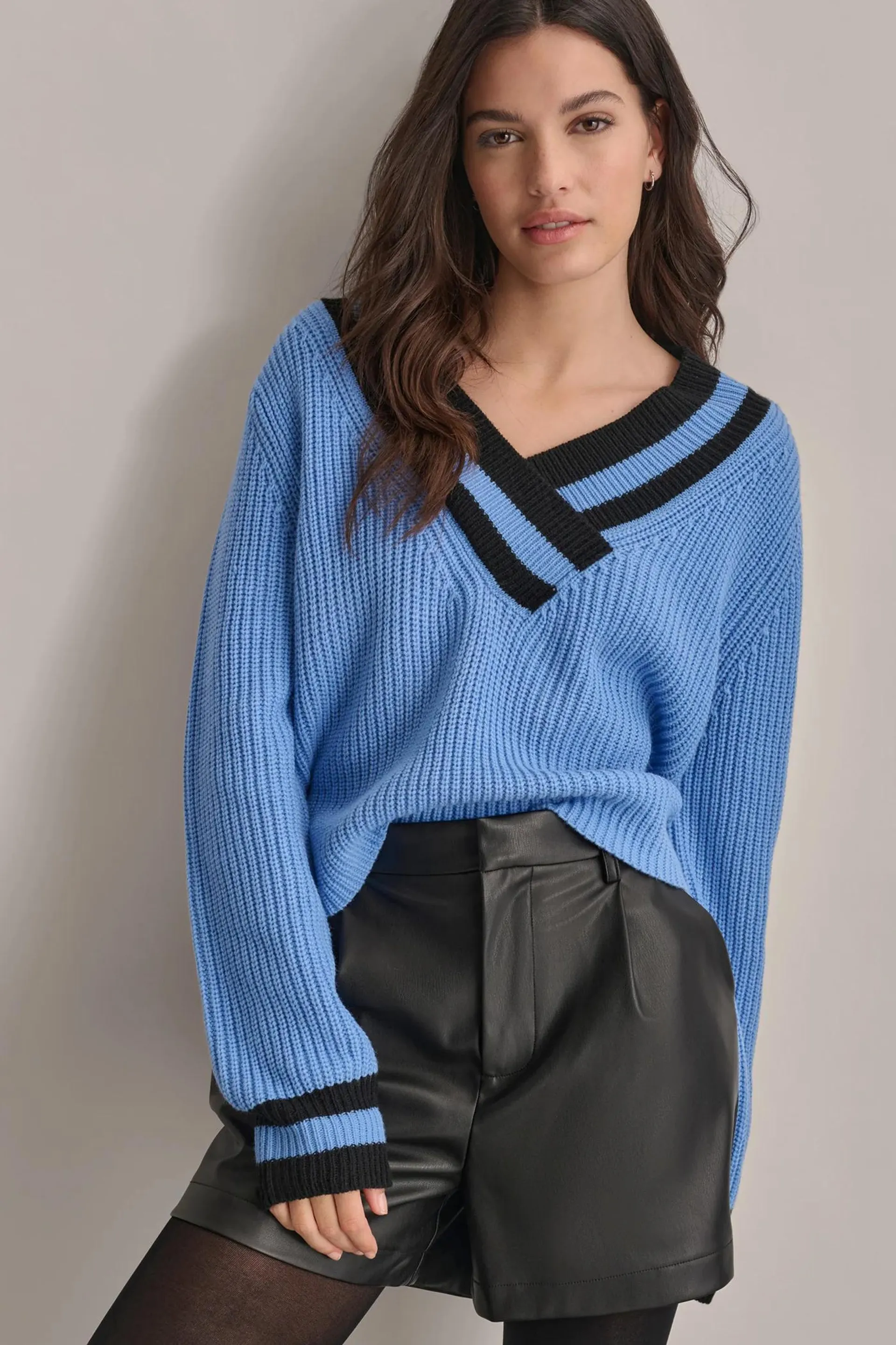 VARSITY V NECK RELAXED SWEATER