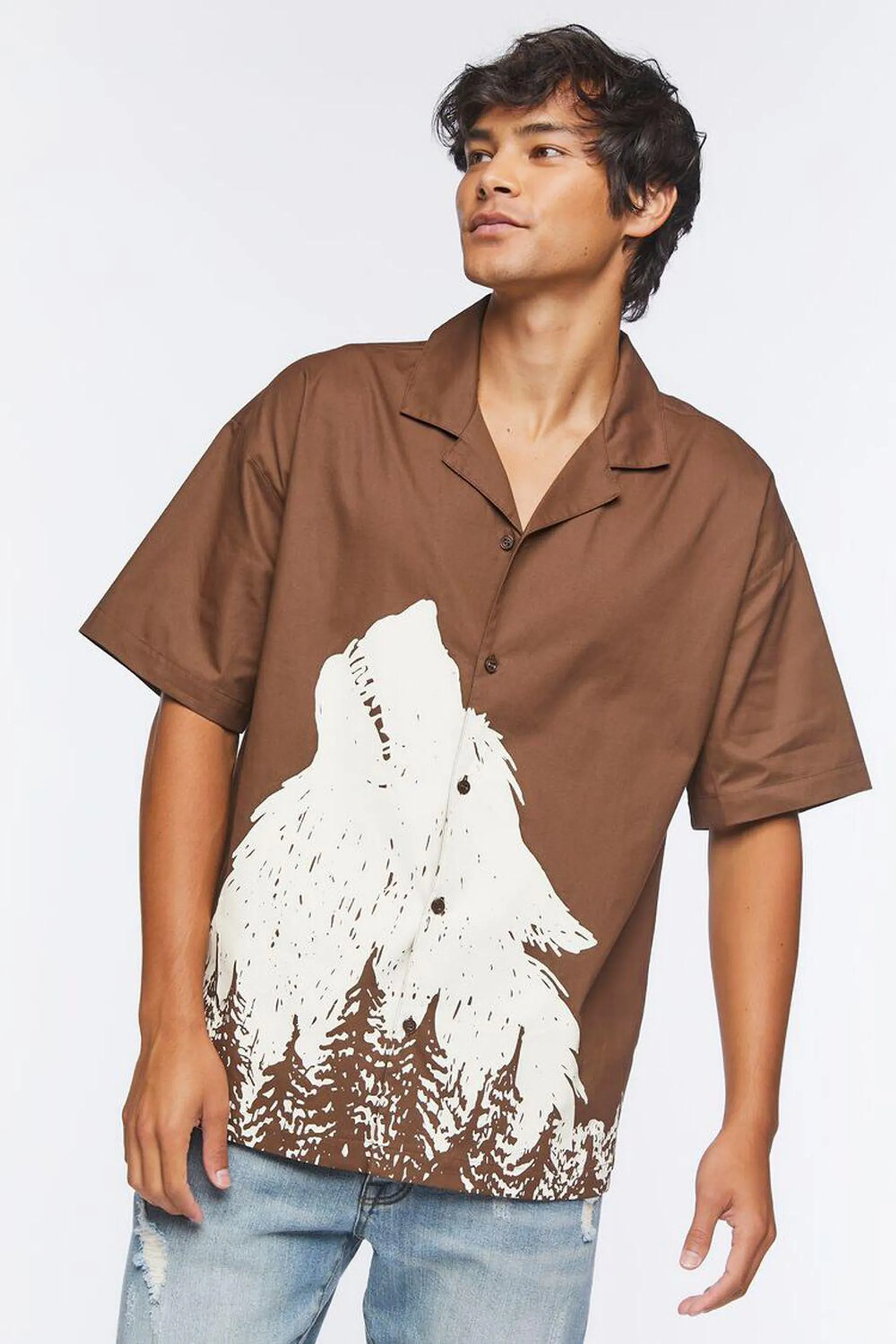 Twill Wolf Graphic Button-Front Shirt
