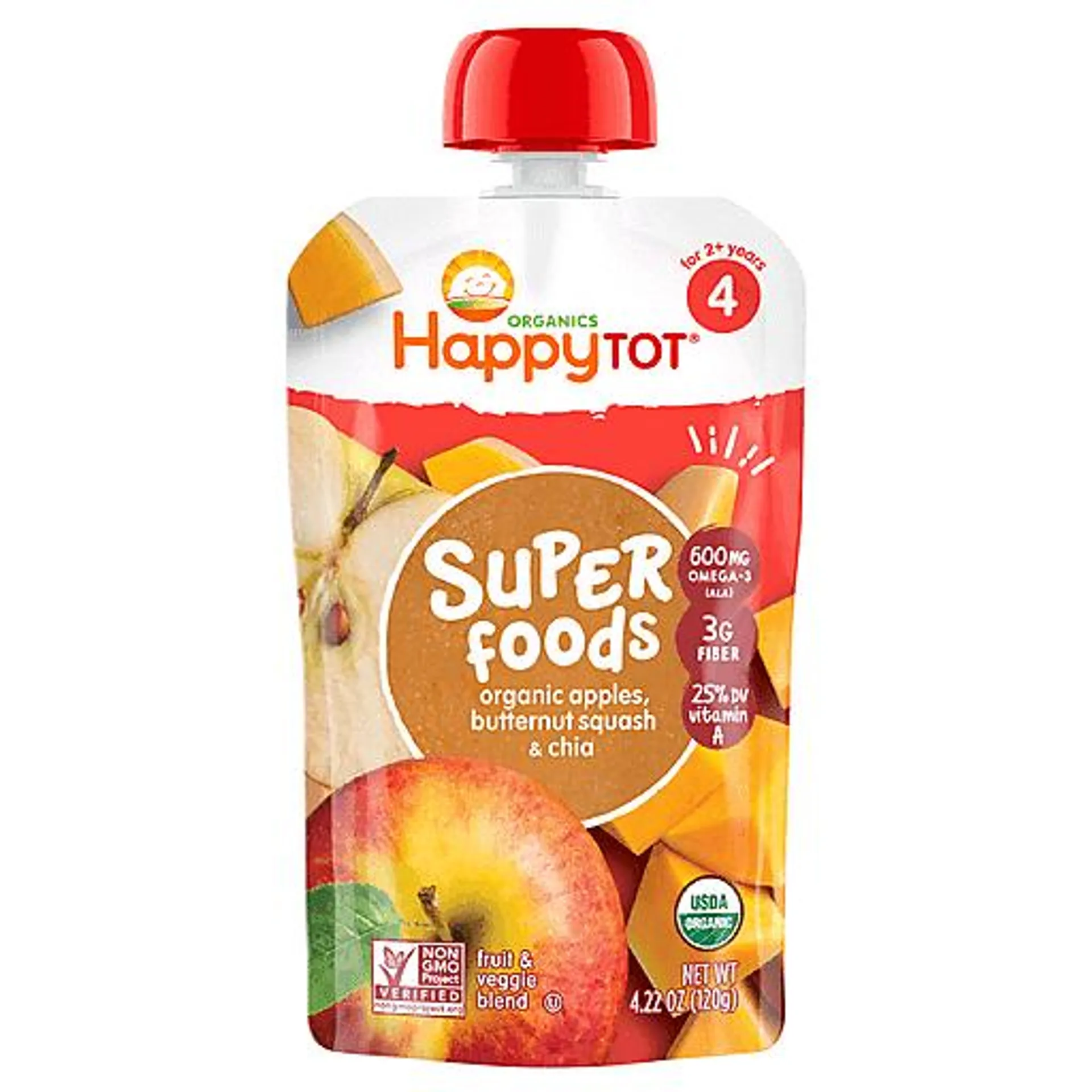 Happy Tot Organics Non-GMO Super Foods Apples &amp; Butternut Squash + Super Chia Stage 4 Baby Food 4.22 oz bag