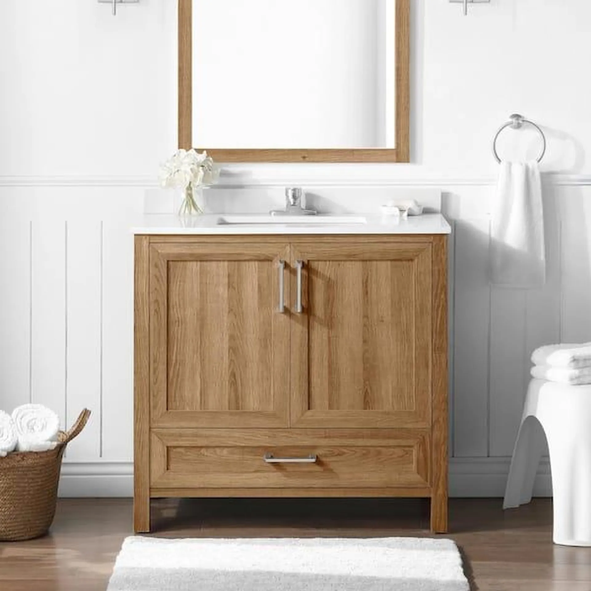 Moorside 36 in. Single Sink Sweet Maple Bath Vanity with White Engineered Stone Top (Assembled)