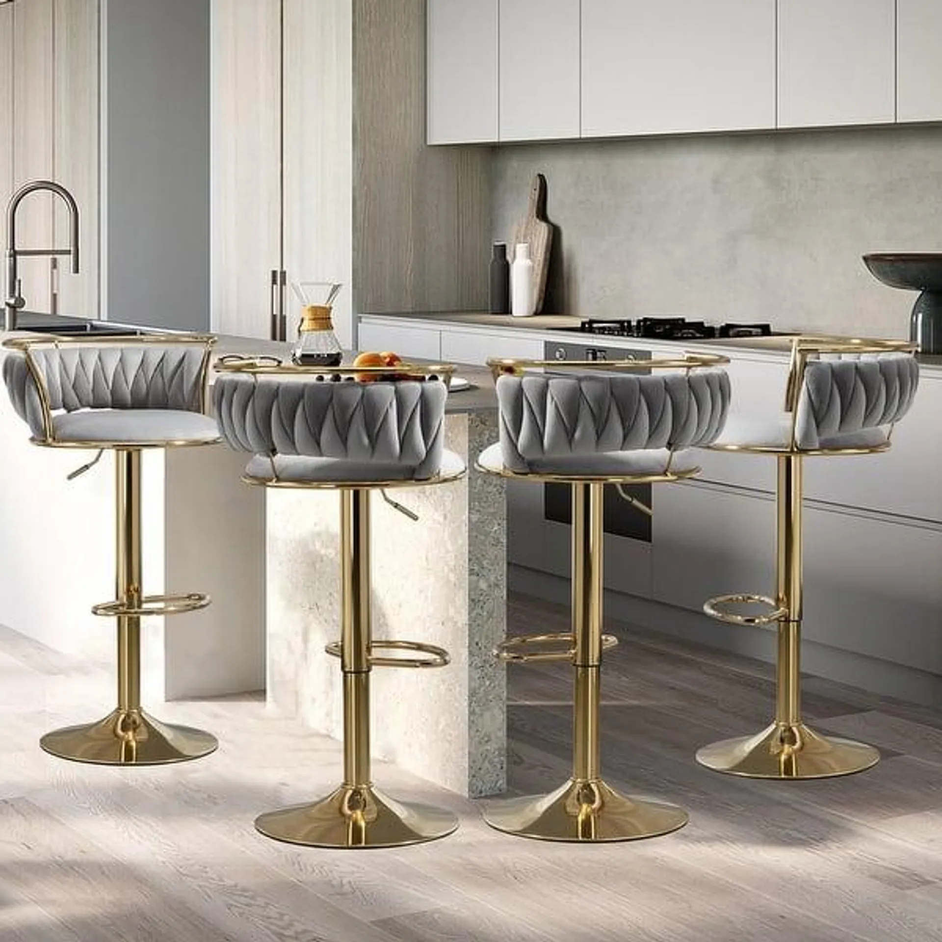 Set of 4 Bar Stools Adjustable Swivel with Gold Frame