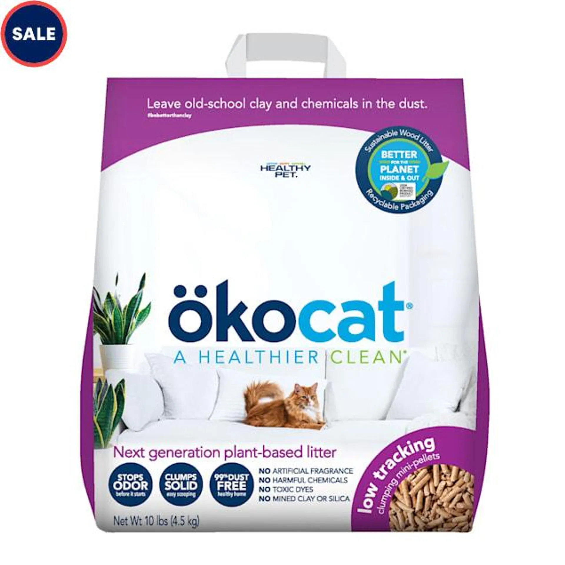 Okocat Low Tracking Clumping Mini Pellets Wood Cat Litter, 10 lbs.