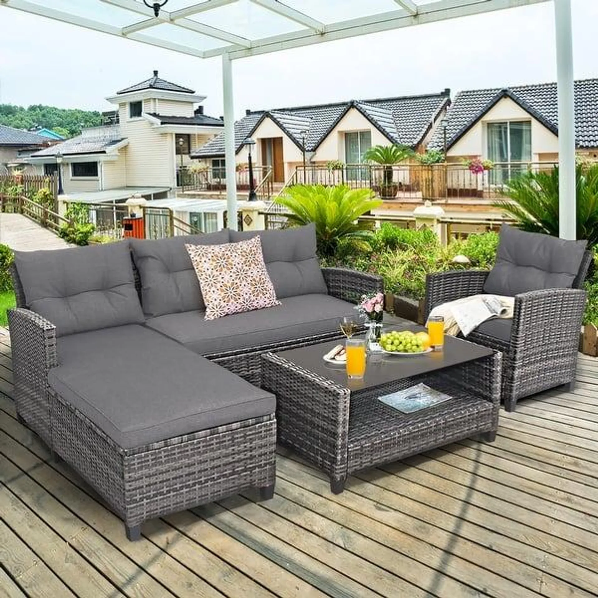 Costway 4PCS Patio Rattan Furniture Set Cushioned Loveseat Table Shelf - See details