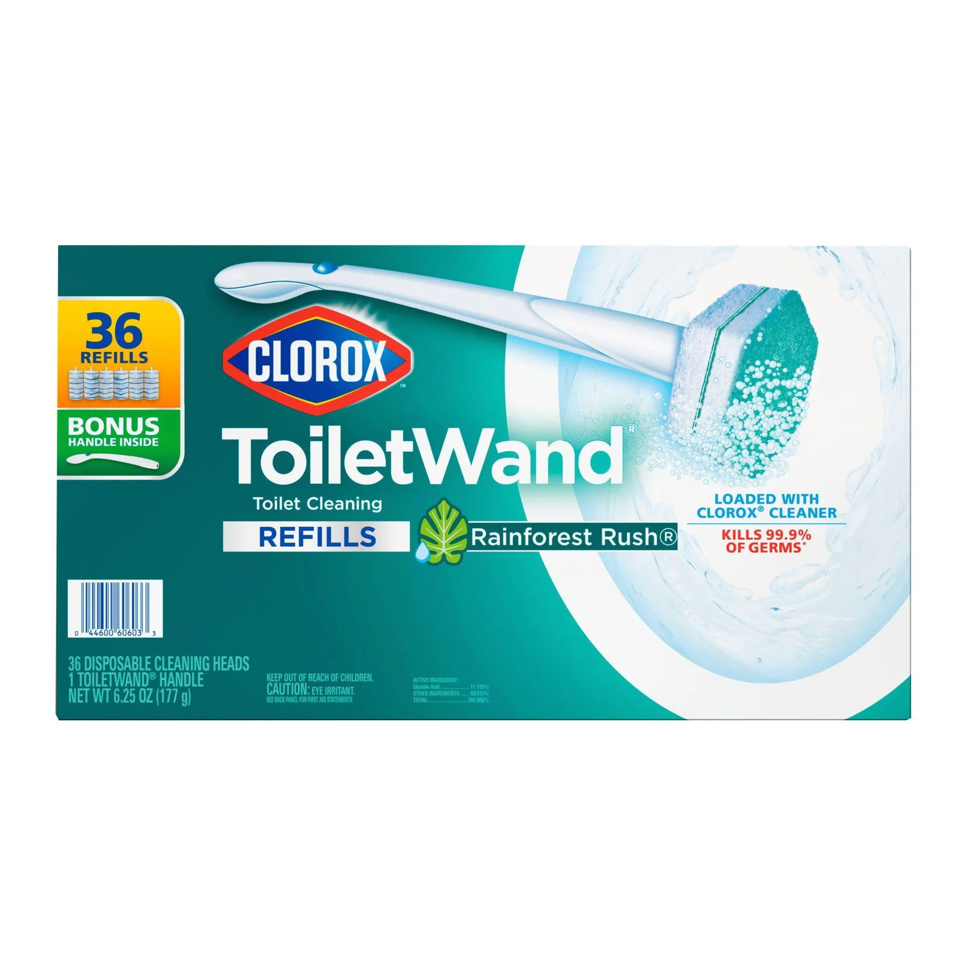 Clorox ToiletWand Disposable Cleaning System with Bonus Handle, Rainforest Rush, 36 Pad Refills