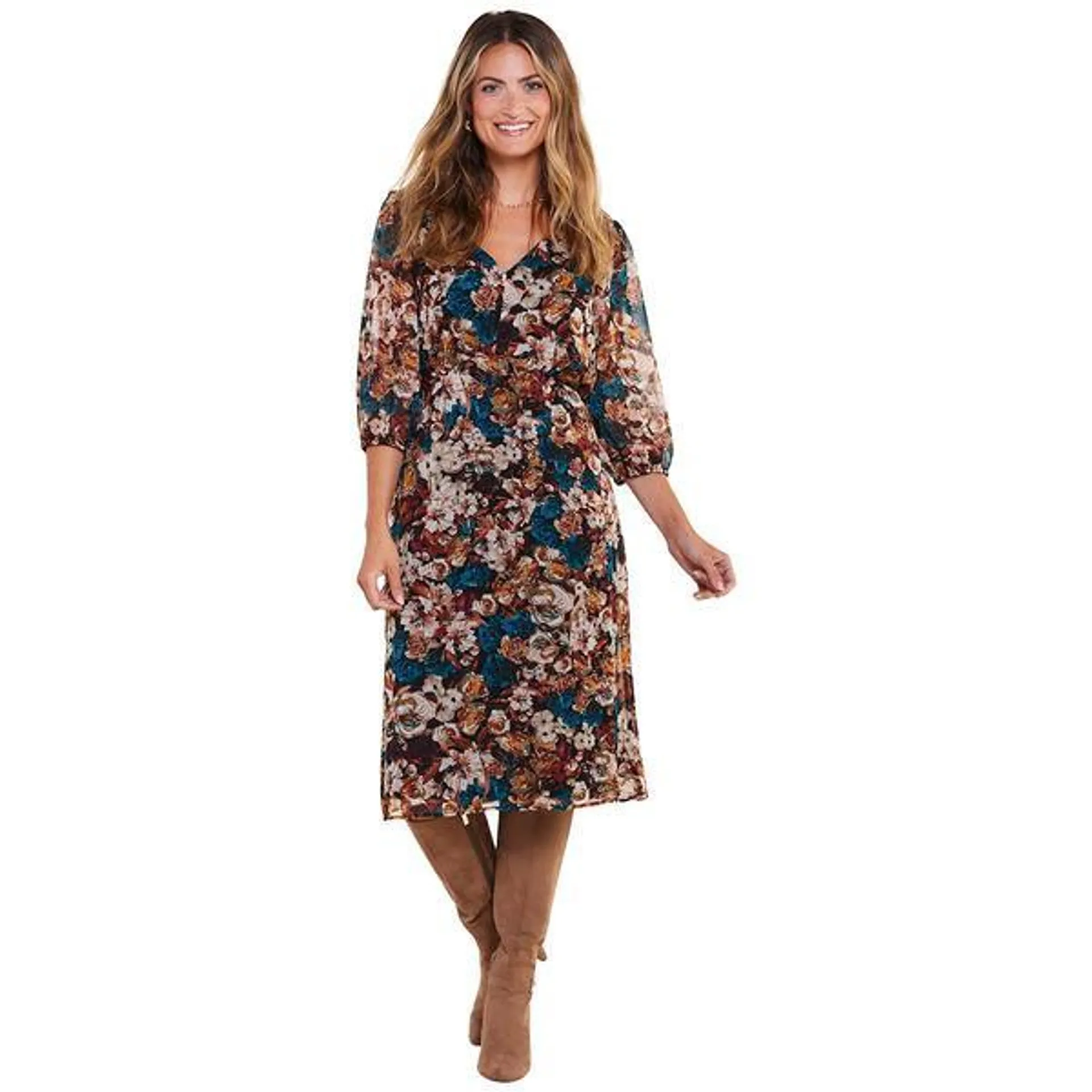 Plus Size Connected Apparel 3/4 Sleeve Floral Empire Waist Dress