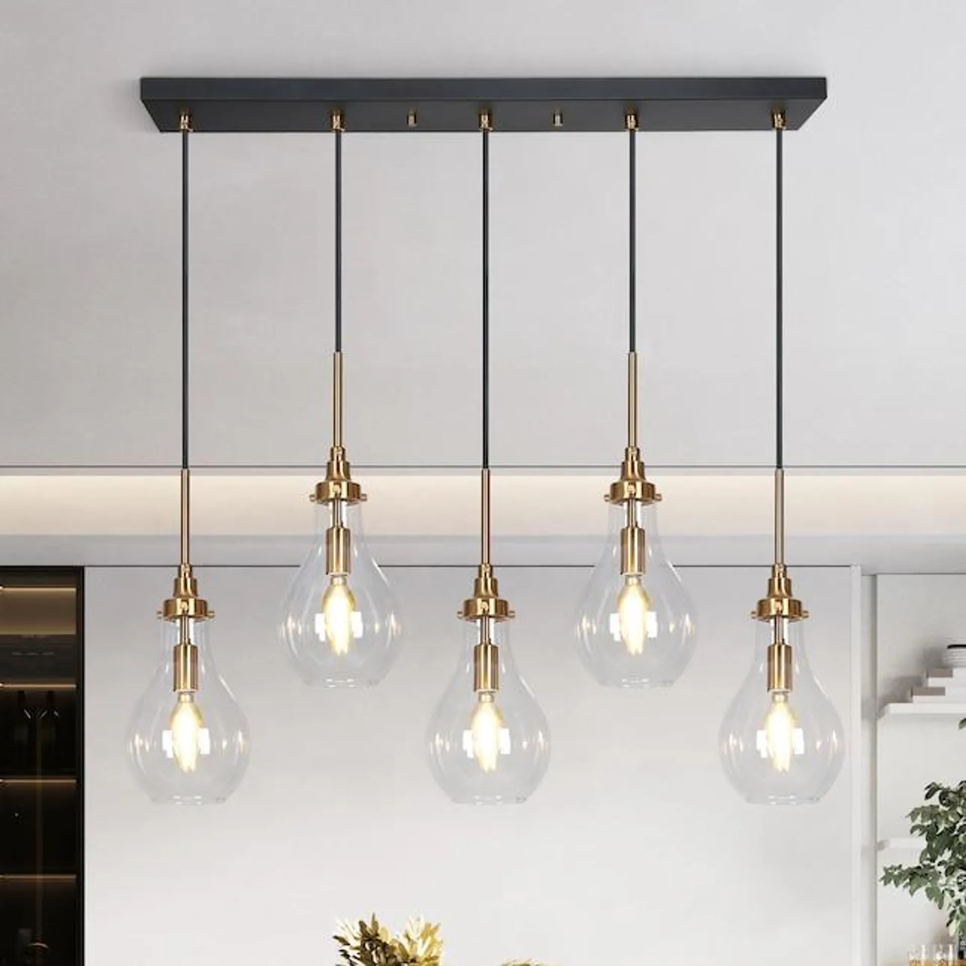 Uolfin 5-Light Black and Gold Cluster Large Chandelier Modern/Contemporary Clear Glass Linear LED Large Hanging Kitchen Island Light