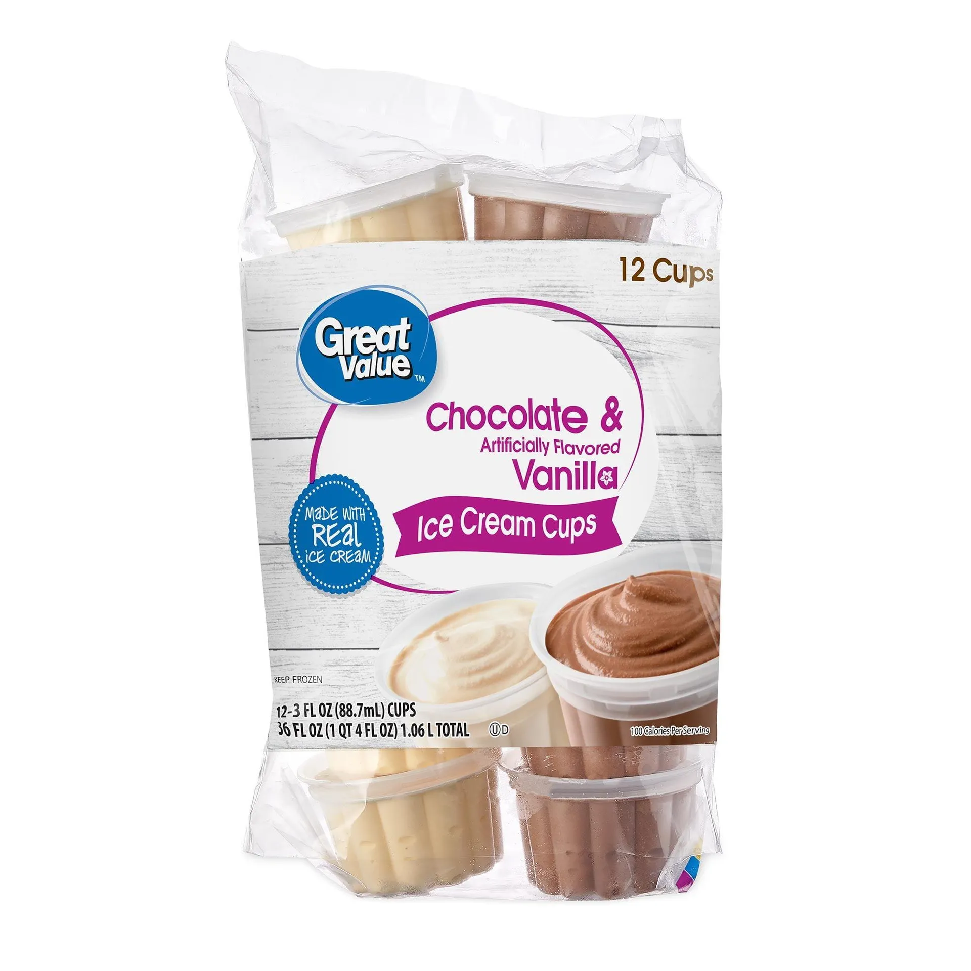 Great Value Chocolate & Vanilla Ice Cream Cups, 36 fl oz 12 Pack