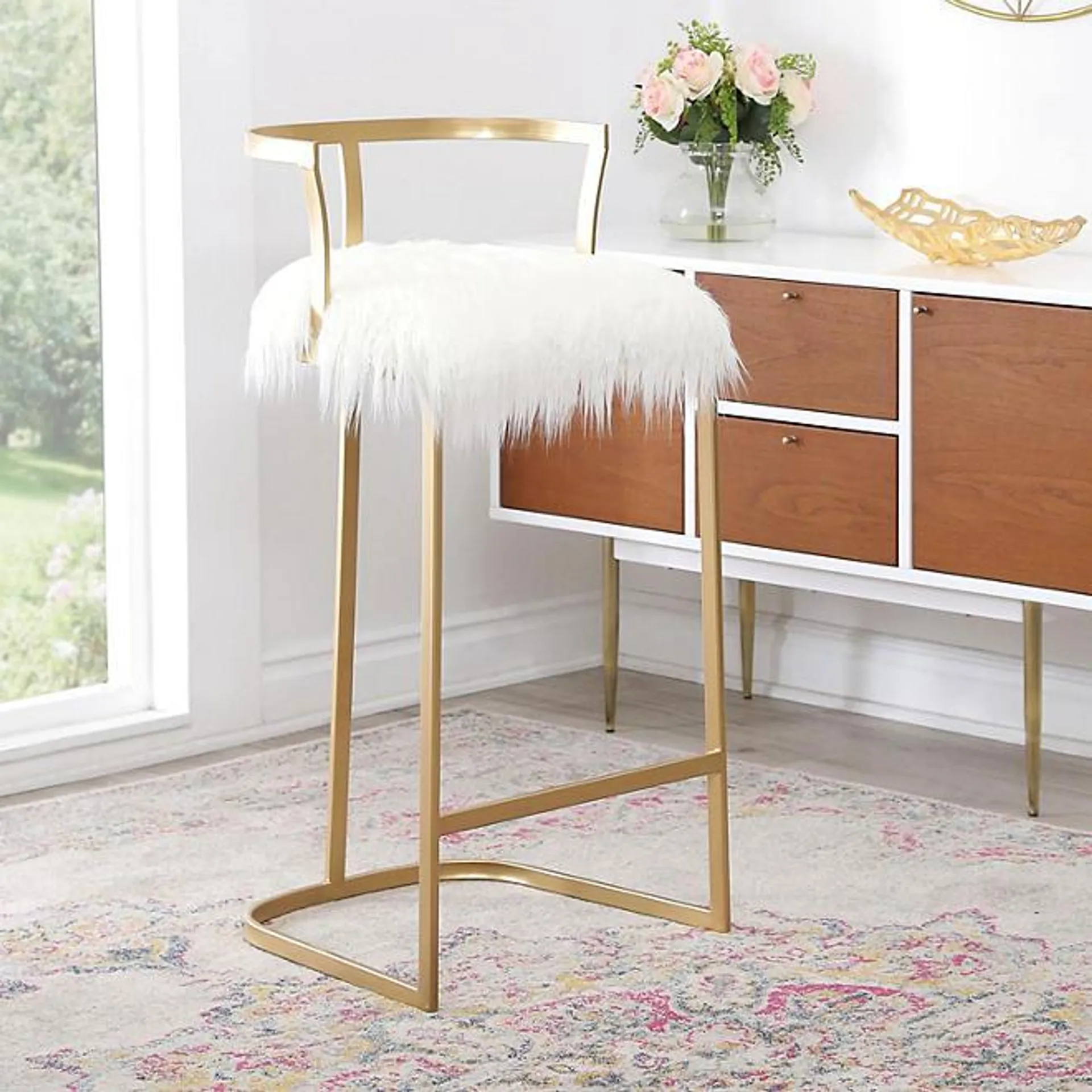 Rhea Modern Gold Finished Iron Frame Faux Fur Bar Stool