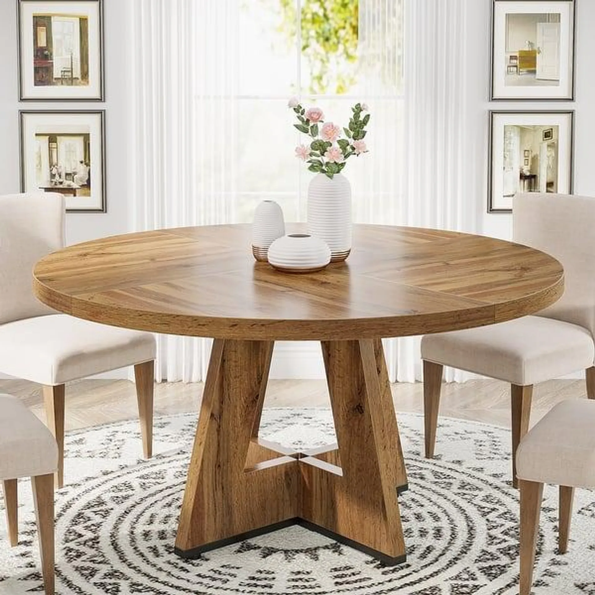 47 Inch Round Dining Table for 4, Wood Kitchen Dinner Table for Kitchen Dining Living Room - N/A