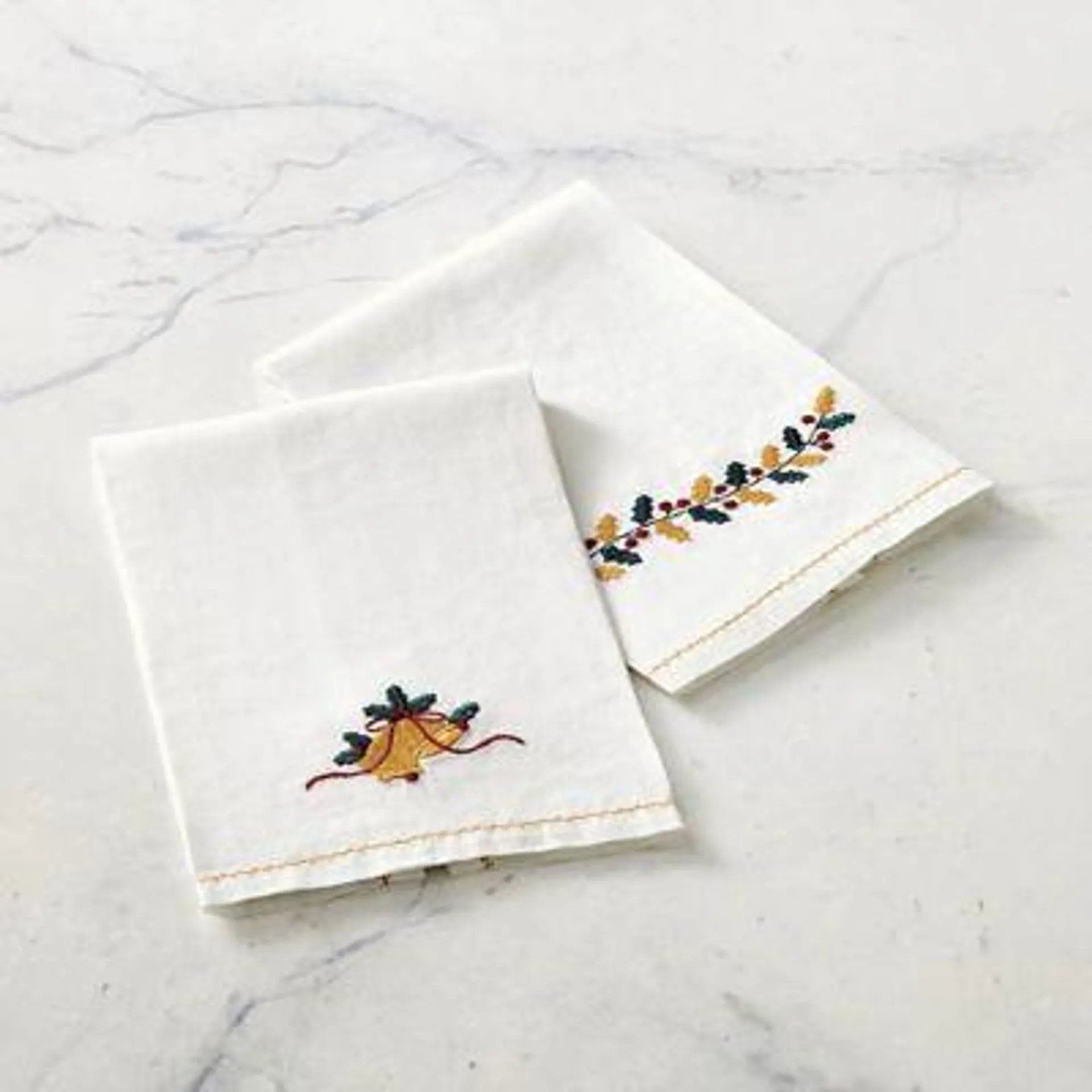 Festive Holly Linen Guest Towels, Set of Two