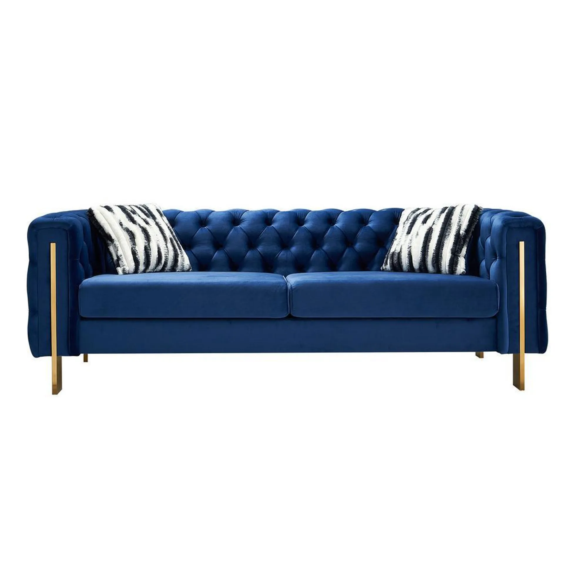 Davenport Blue Velvet Tuft Sofa with Pillows