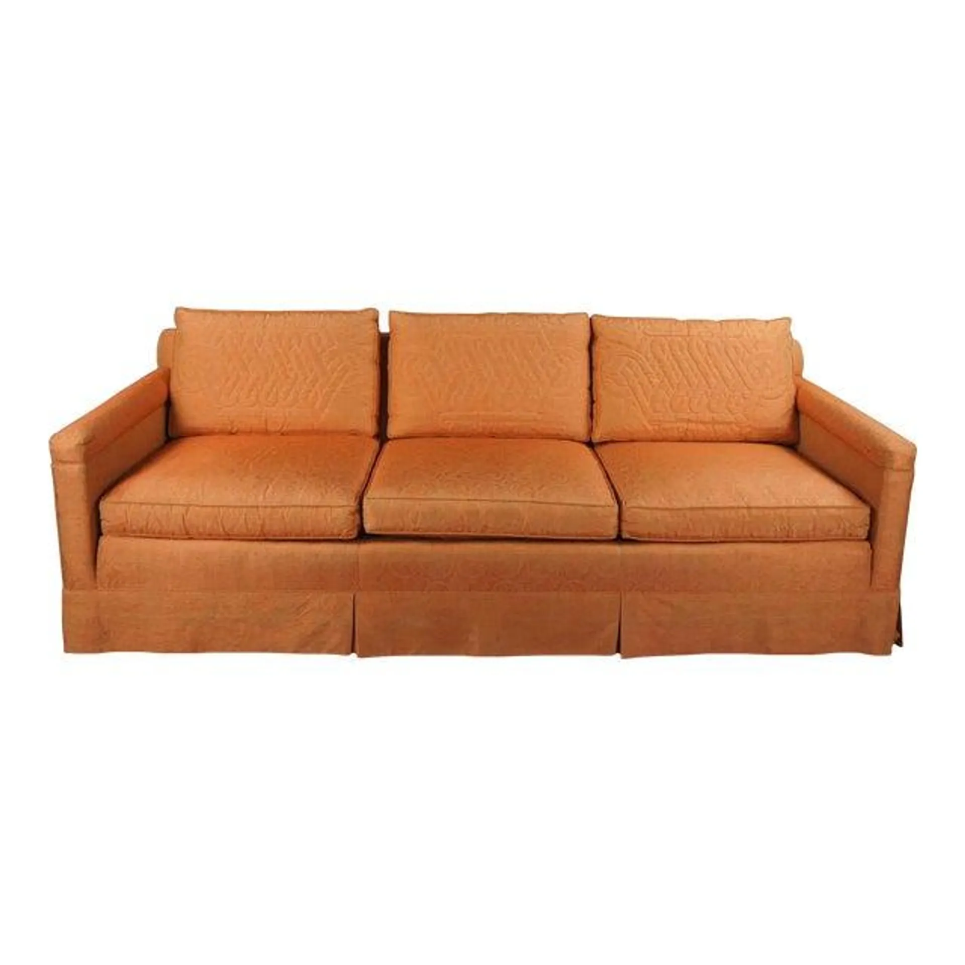 1960s Mid Century Modern Globe Furniture Orange Damask Mahogany Quilted 3 Seater Sofa