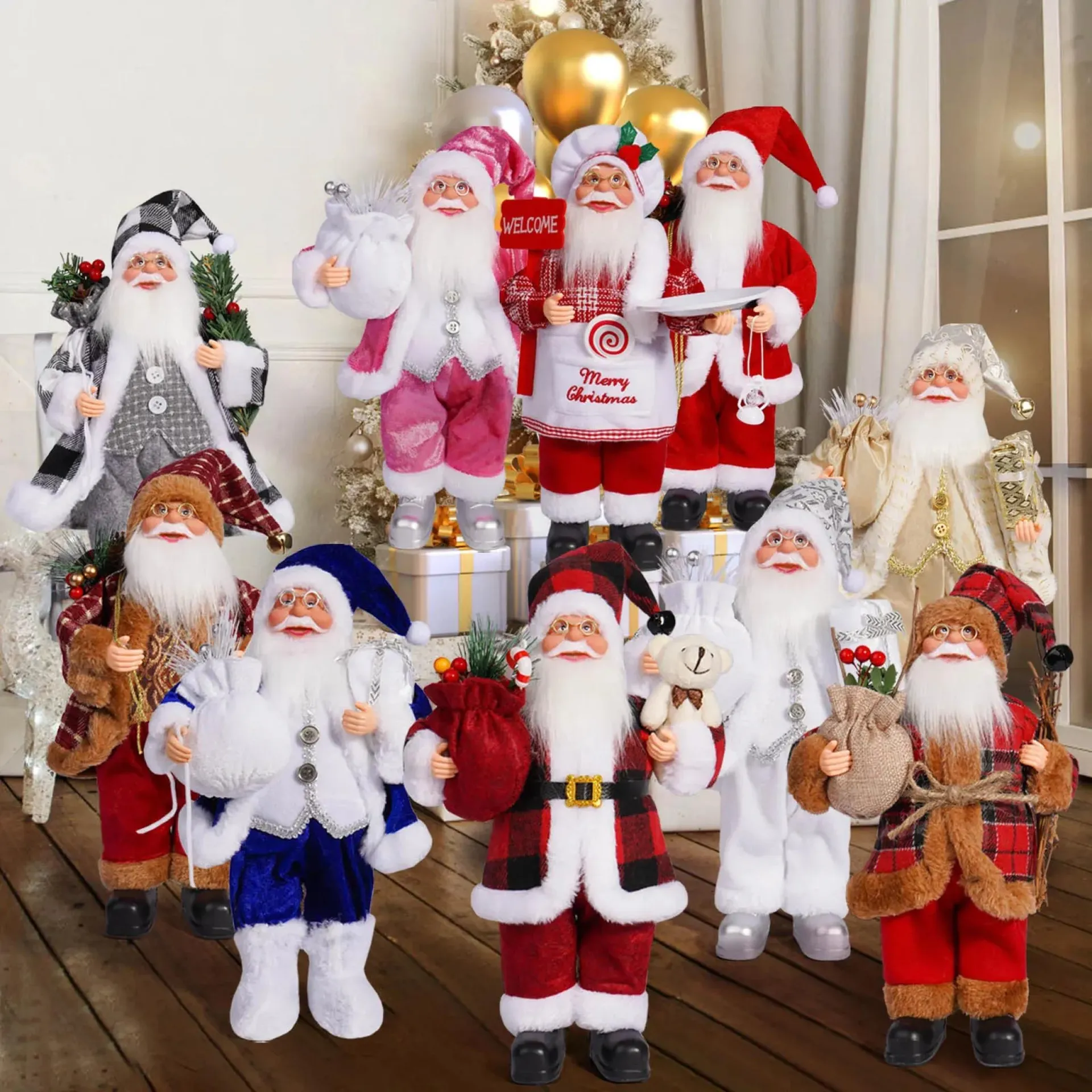 Figura de Papá Noel de 12 pulgadas para Navidad, muñeco de Papá Noel de pie, decoración para ventanas, decoraciones navideñas, regalos de Navidad, regalos de cumpleaños