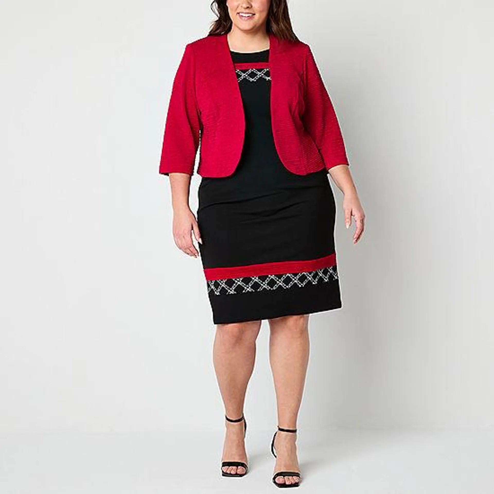 new! Maya Brooke Womens Embellished Grid Jacket Dress Plus