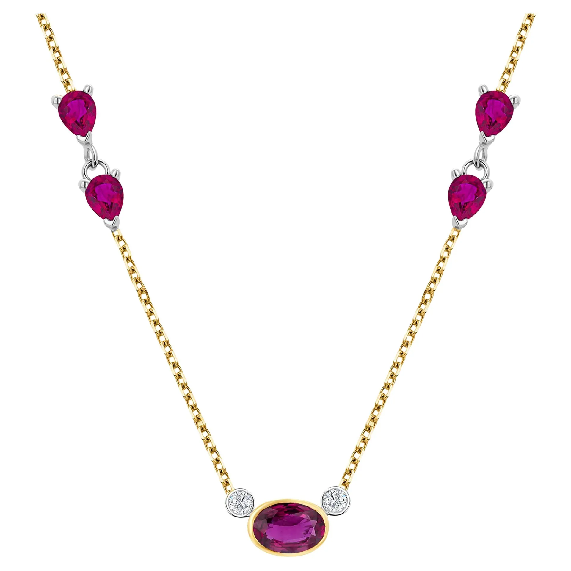 Burma Ruby Diamonds Pear Rubies 1.80 Carat 14 Karat Gold Necklace Pendant