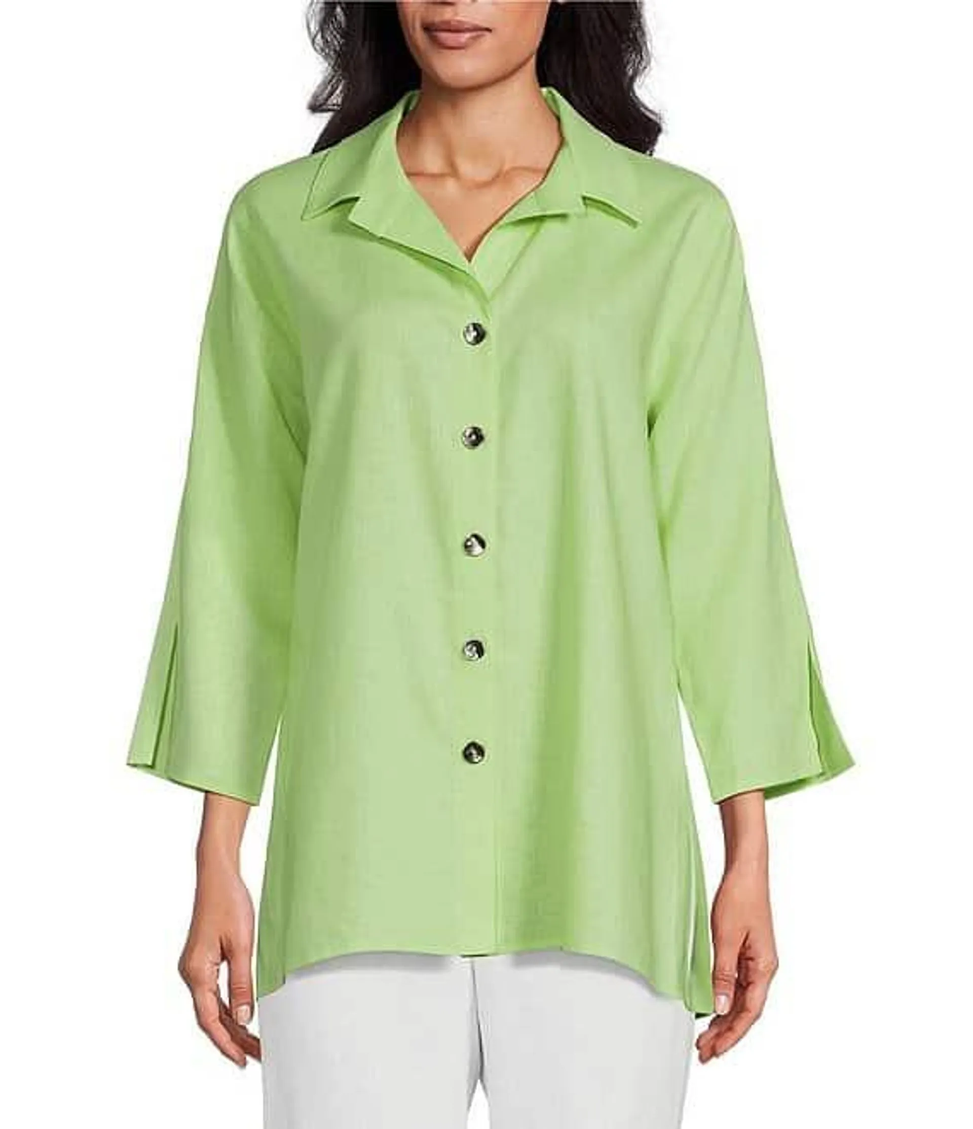 Linen-Blend Point Collar 3/4 Sleeve Button-Front Breezy Shirt