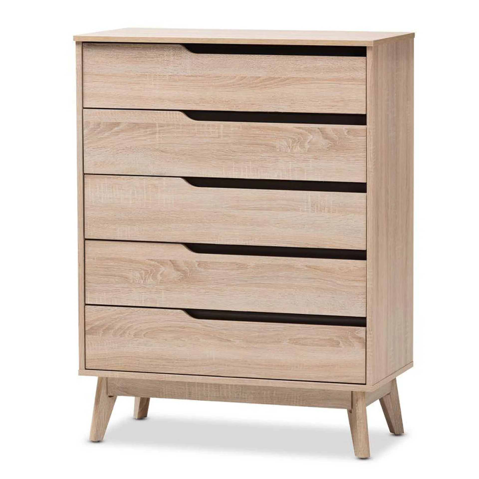 Fella Mid-Century Modern Two-Tone Wood 5 Drawer Chest Brown - Baxton Studio: Oak & Gray Finish, Bedroom Storage