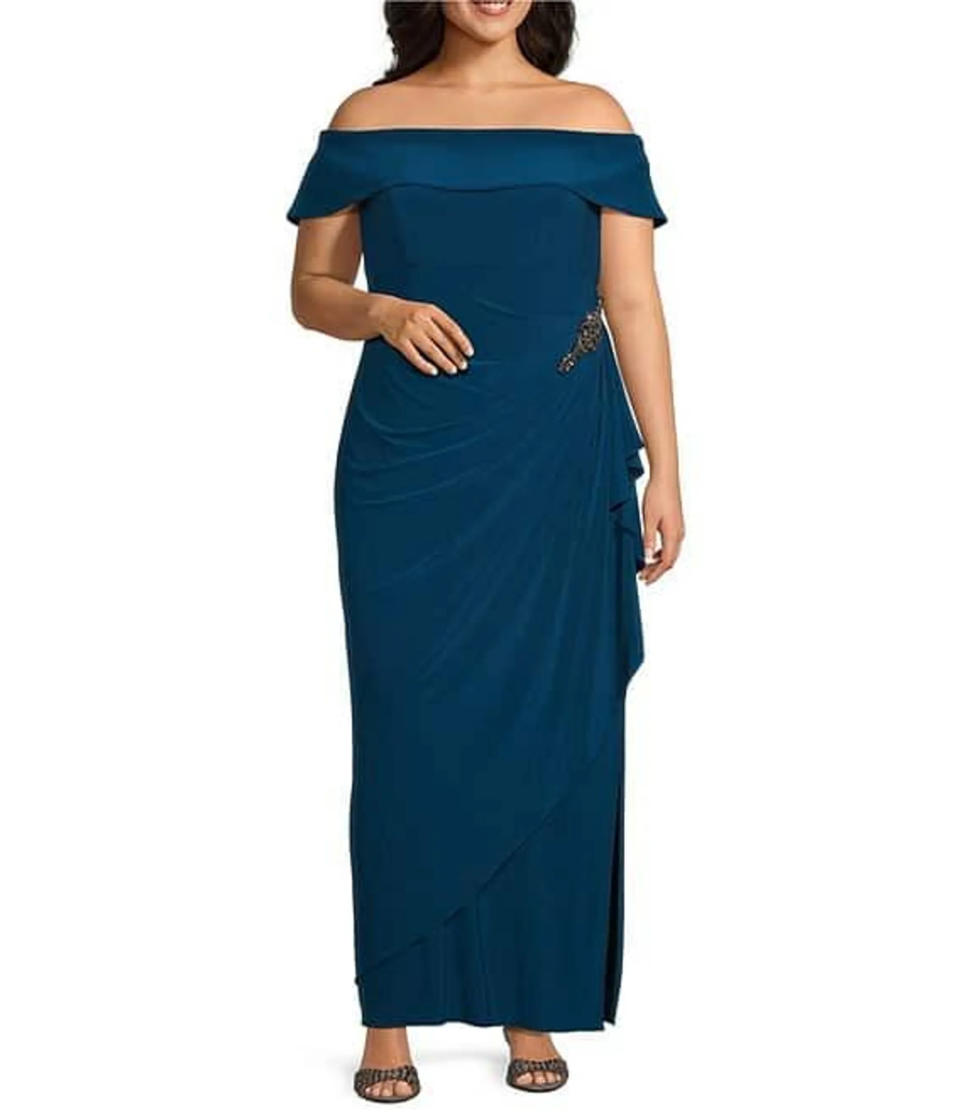 Plus Size Sleeveless Off-The-Shoulder Fold Over Cuff Side Slit Gown