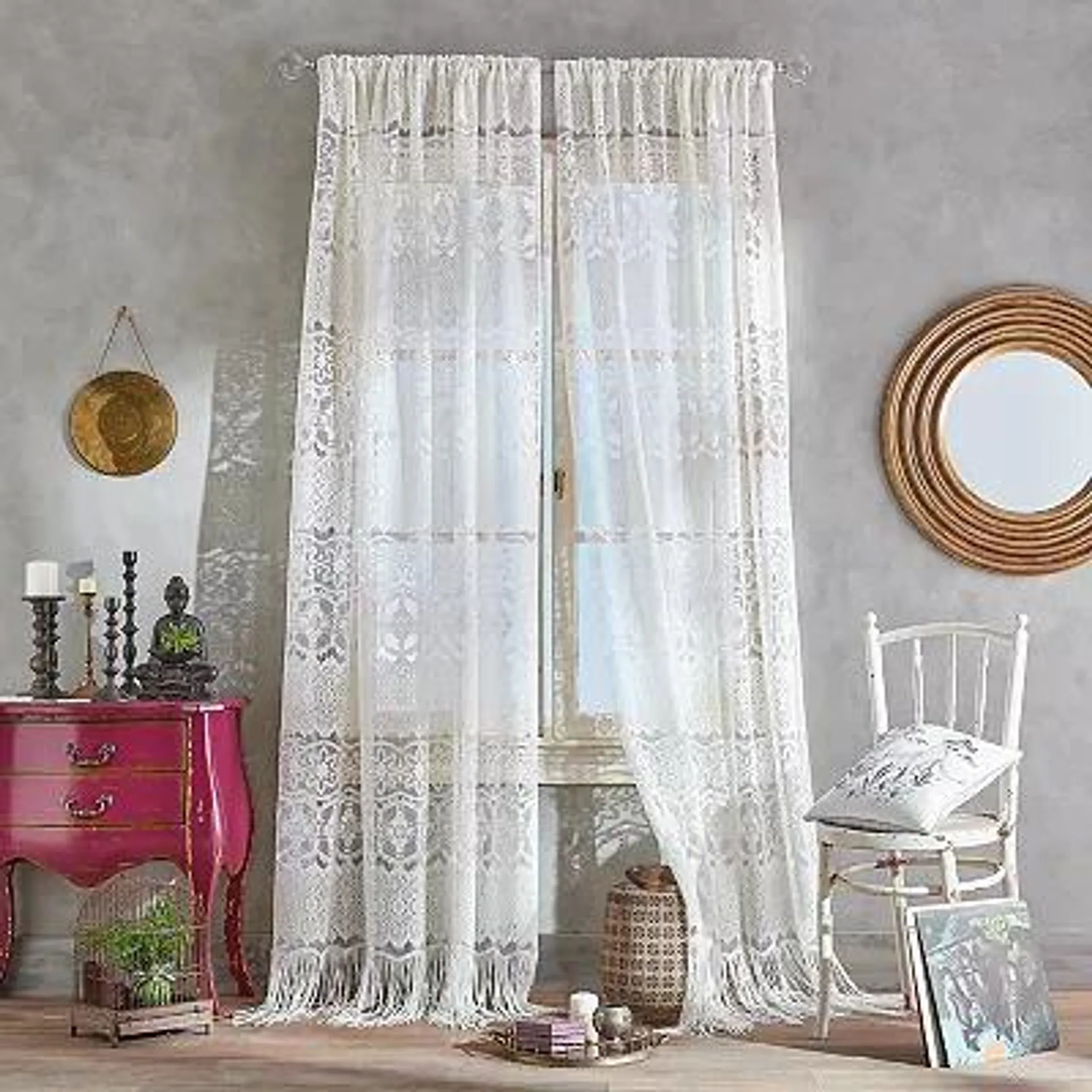 CHF Boho Lace Poletop Ivory Curtains