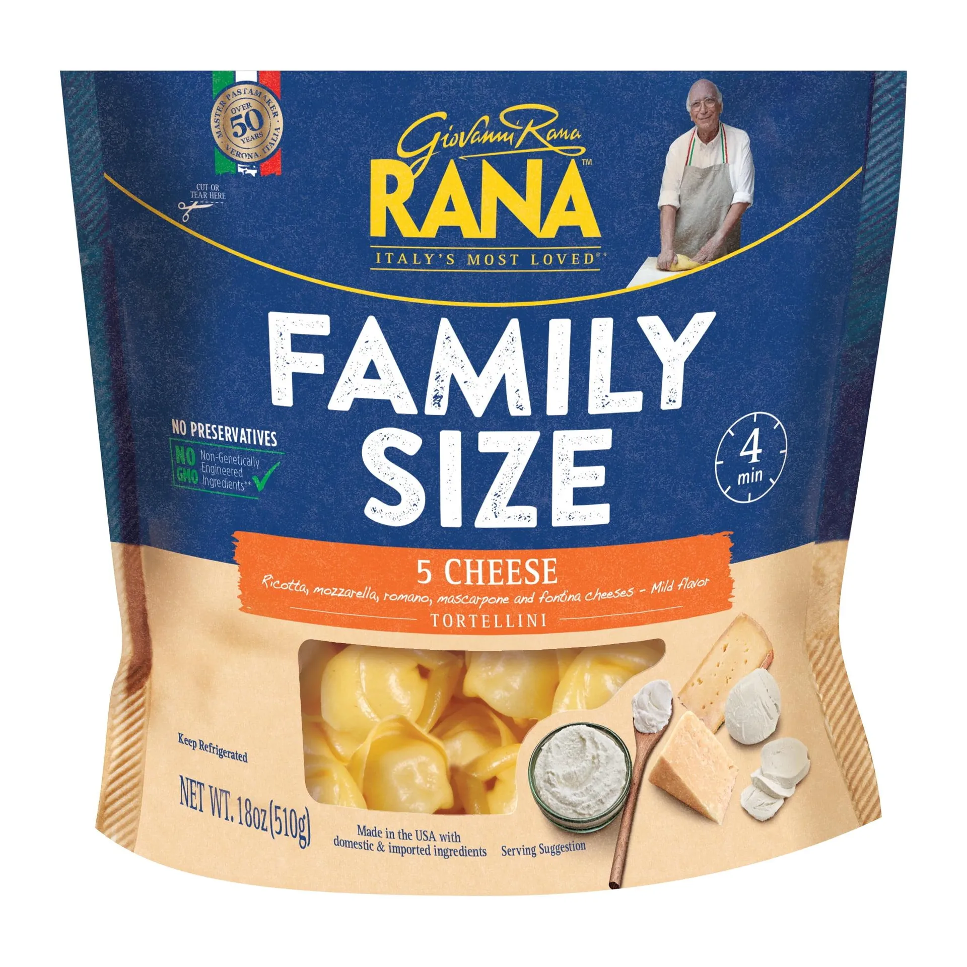 Giovanni Rana Tortellini 5 Cheese Premium Flat Cut Pasta Bag (Family Size, 18oz), Refrigerated