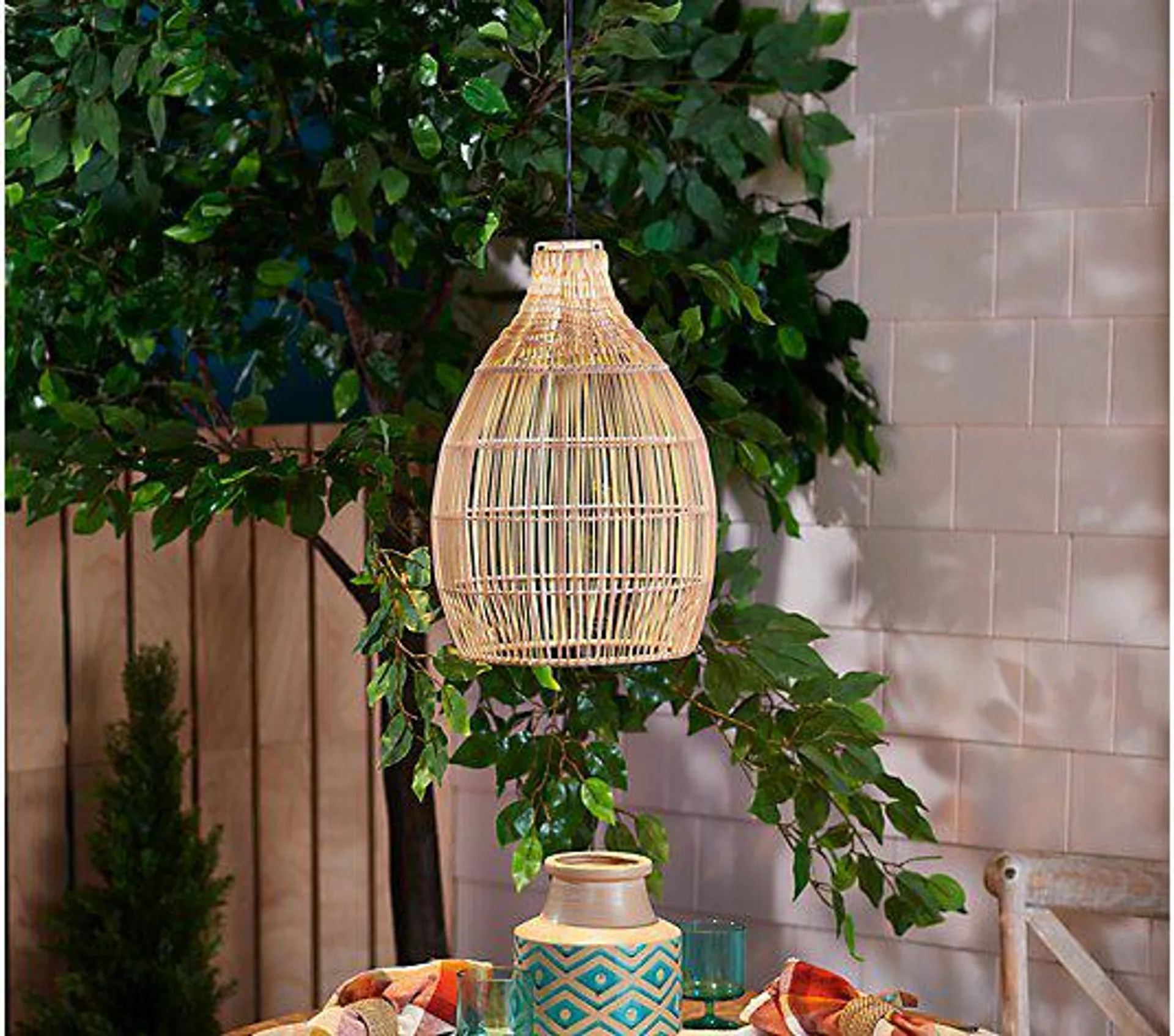 My Home 16.5" Tall Faux Rattan Solar Hanging Pendant Light