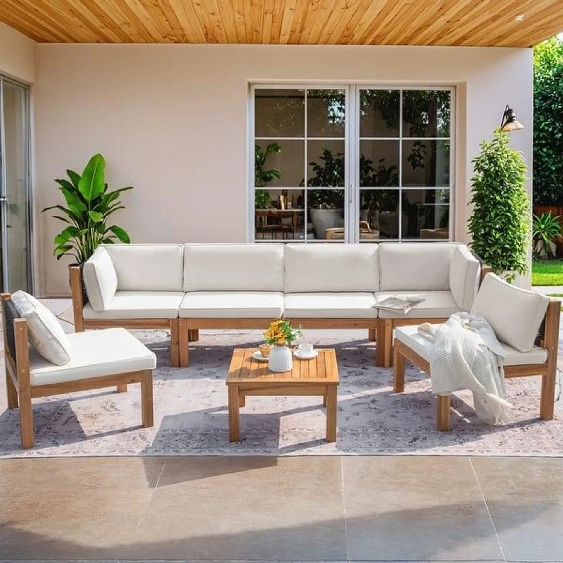 Furniwell 7-Piece Outdoor Patio Furniture Sets Sectional Sofa Set Acacia Wood Set with Table