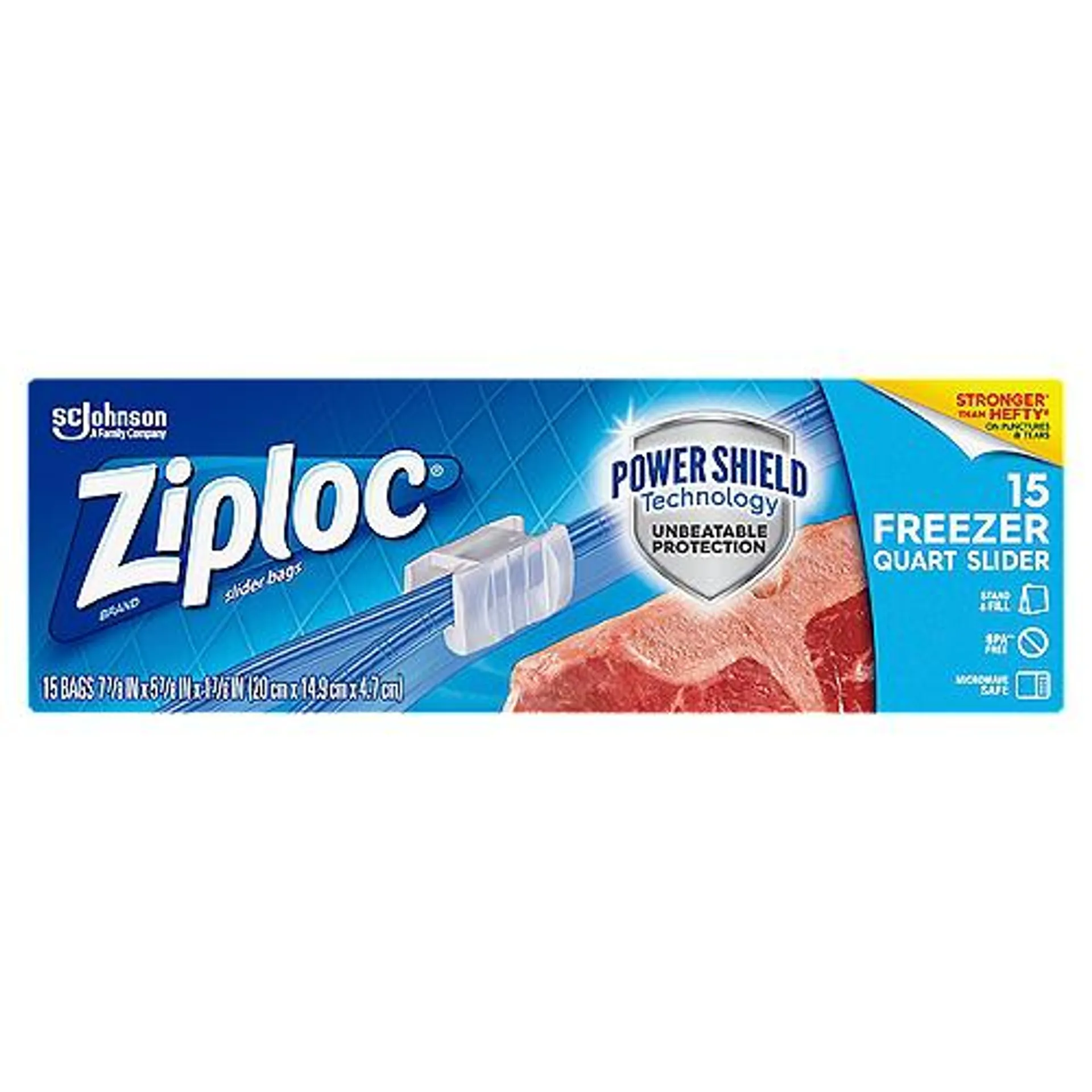 Ziploc Brand Slider with Power Shield Technology, Freezer Quart Bags, 15 Each