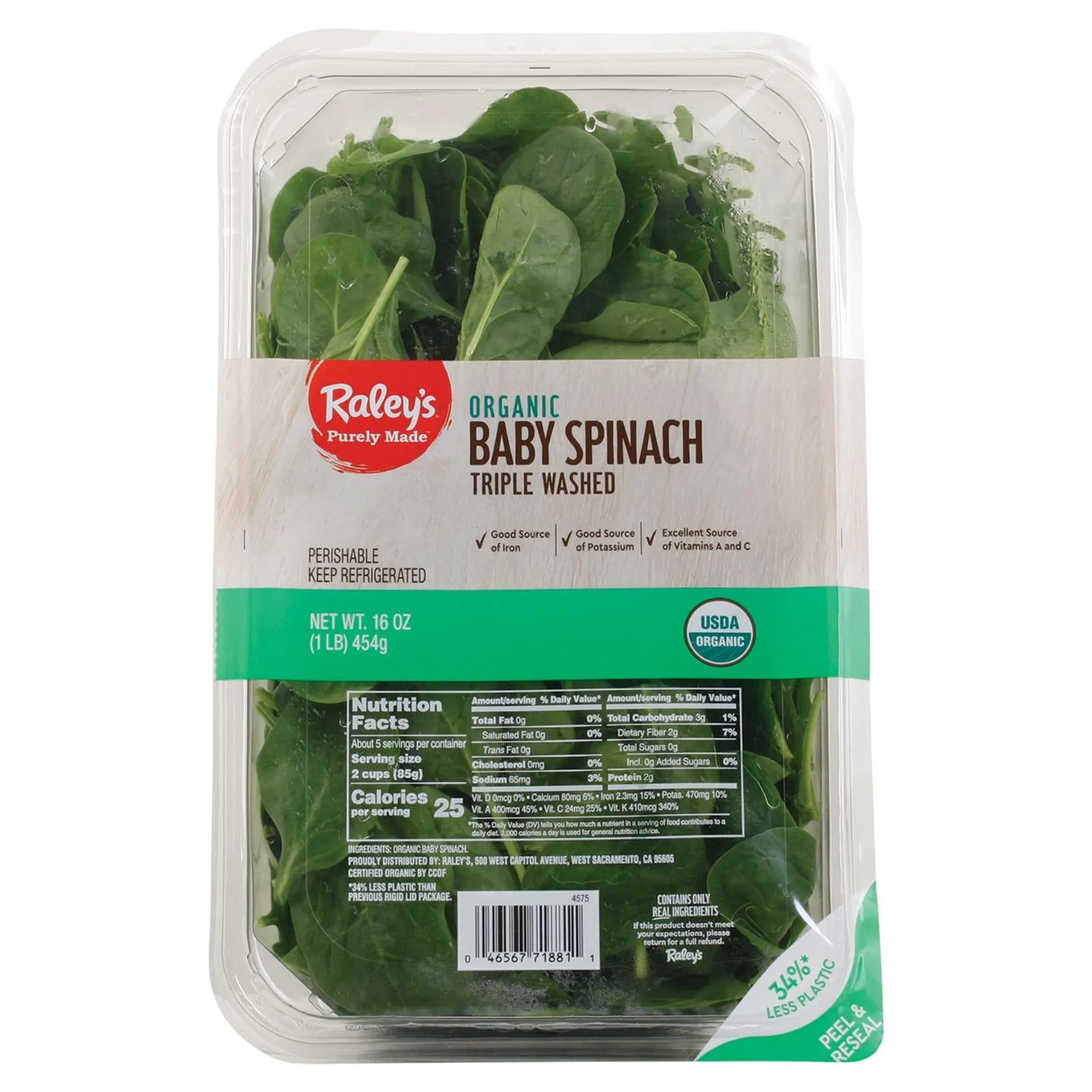 Raley's Baby Spinach, Organic, Triple Washed