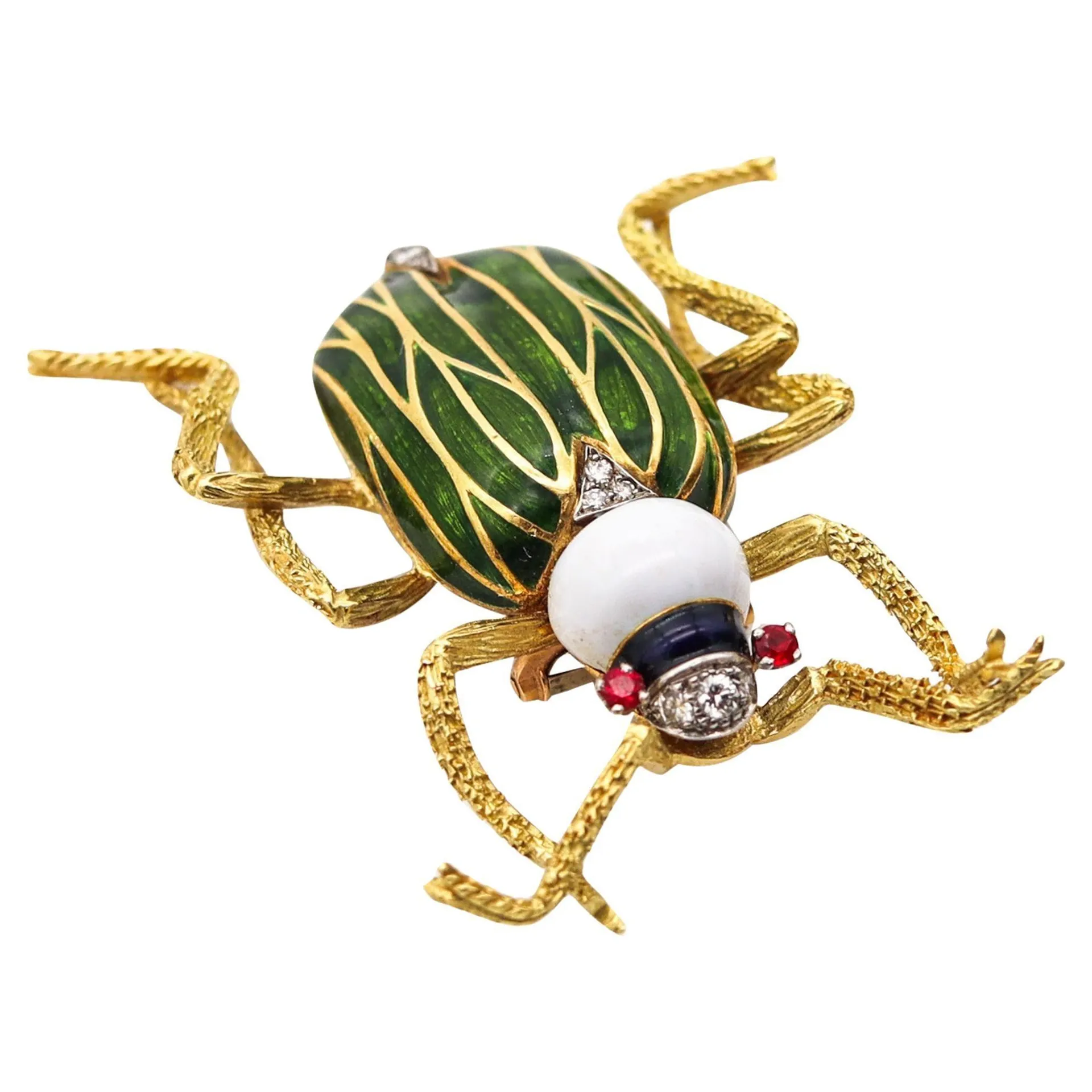 SPRITZER & FUHRMANN 1960 France Enameled Scarab Brooch In 18Kt Yellow Gold