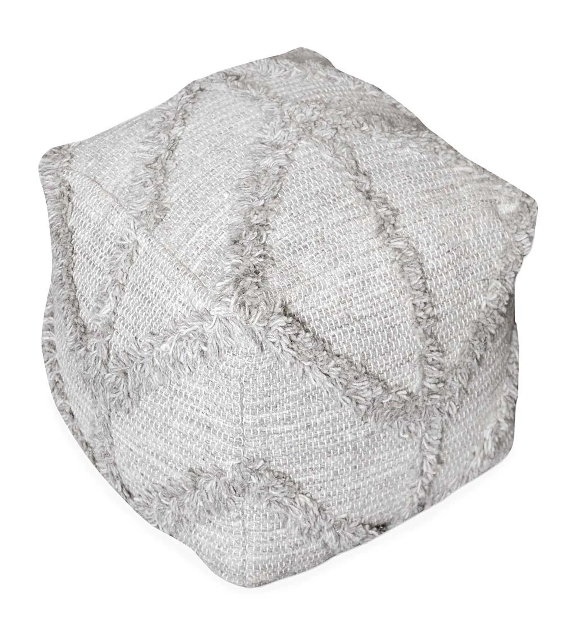 Zigzag Fringe Wool Pouf, 18" sq. - Gray