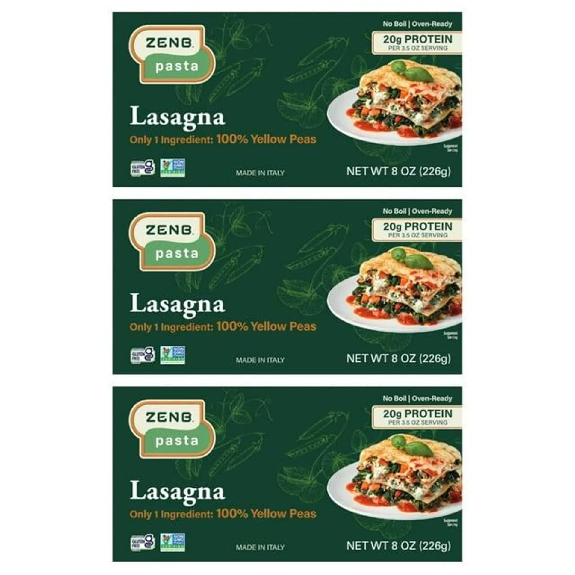 ZENB Plant-Based Lasagna - Pasta Made From 100% Yellow Peas, Gluten Free, Non-GMO & Vegan, Less Carbs than Traditional Pastas, 20g Protein & 12g Fiber In Every 3.5 oz Serving - 8 oz Boxes (Pack of 3)