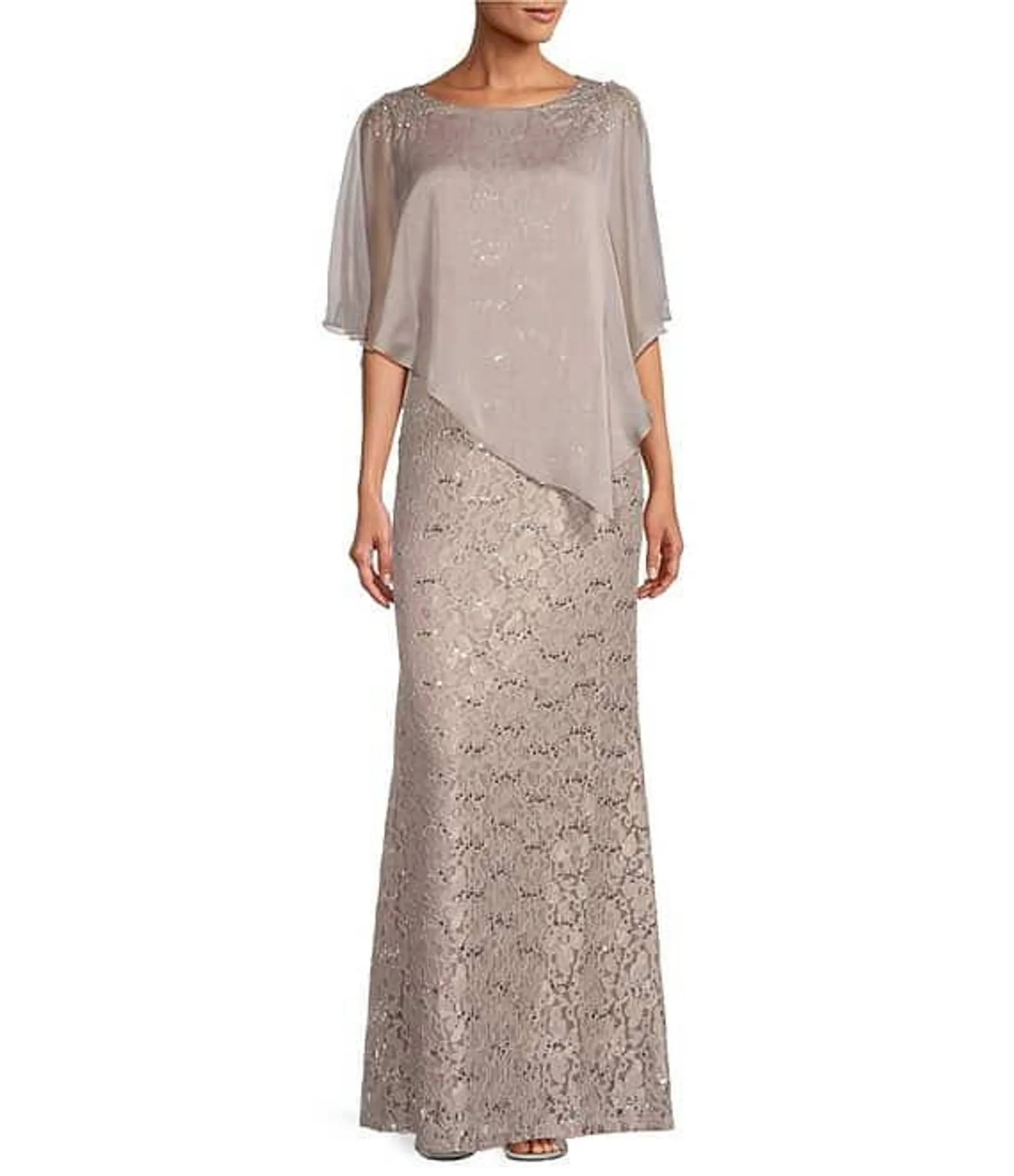 Short Sleeve Boat Neck Beaded Sequin Floral Lace Capelet Gown