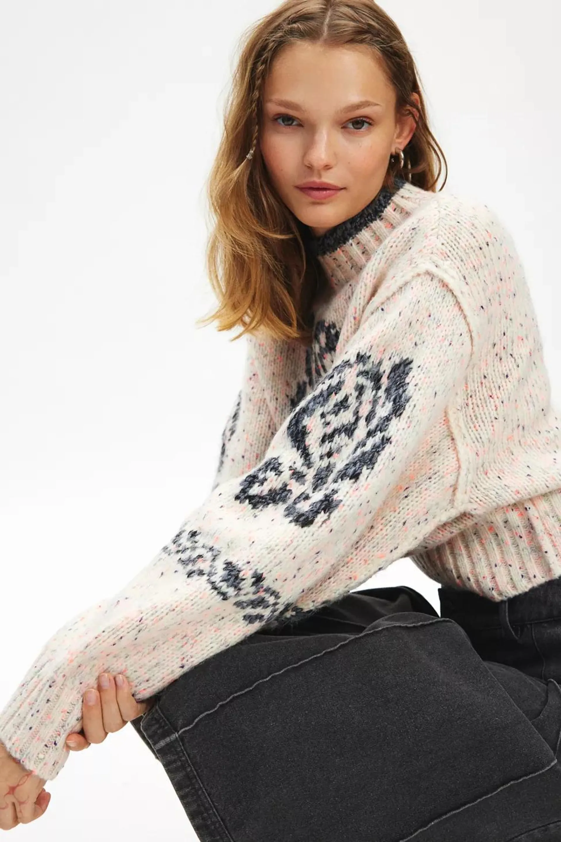 BDG Noelle Patterned Knit Mockneck Pullover Sweater