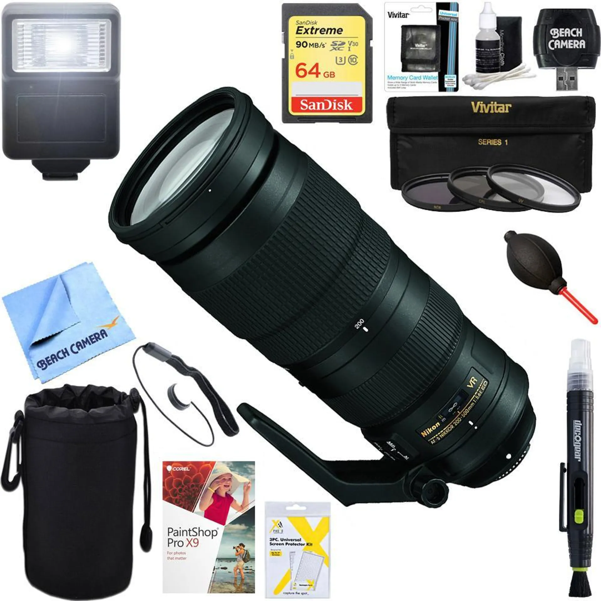 Nikon 200-500mm f/5.6E ED VR AF-S NIKKOR Zoom Lens for Nikon + 64GB Ultimate Kit