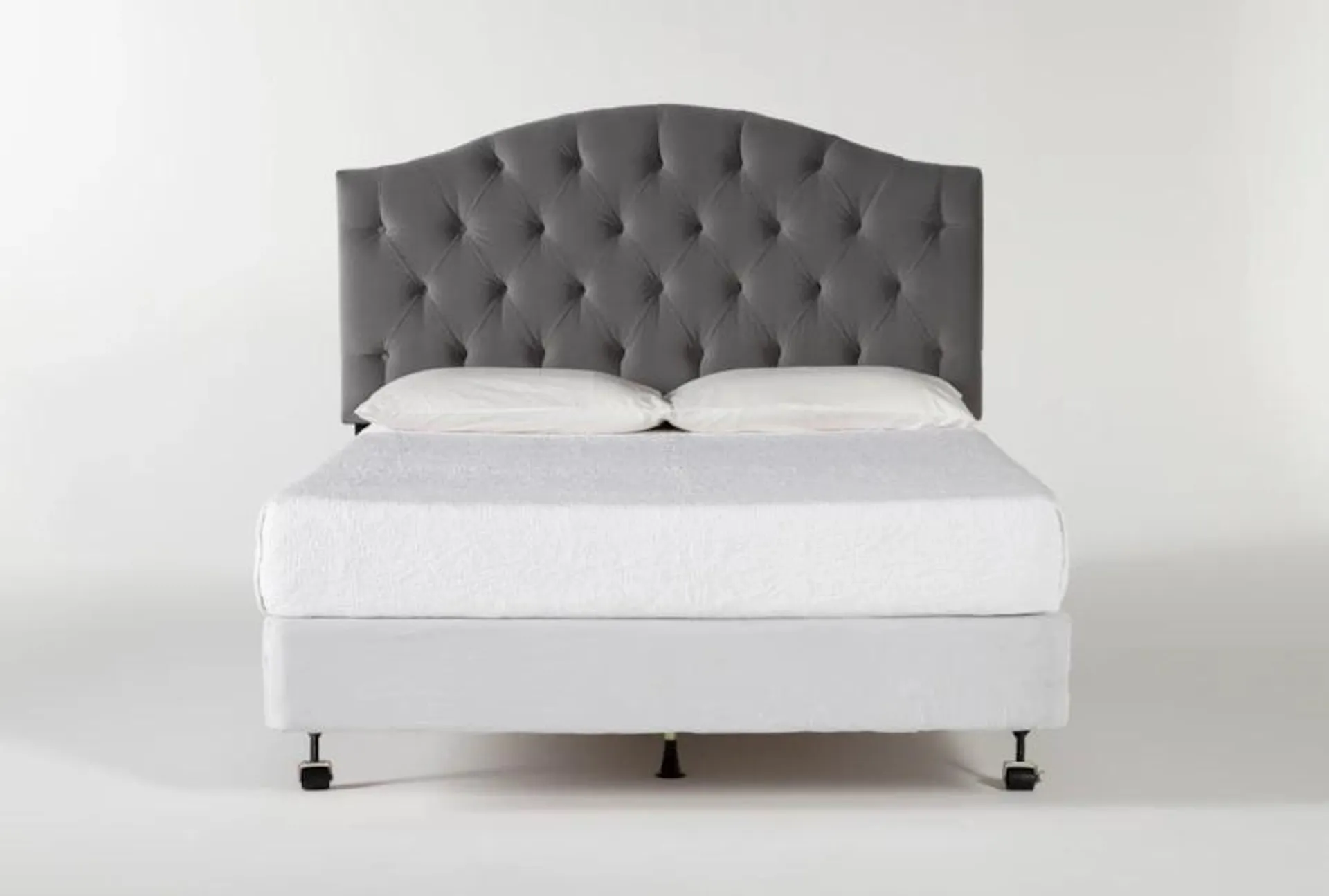 Bella Queen Velvet Grey Upholstered Headboard With Metal Bed Frame