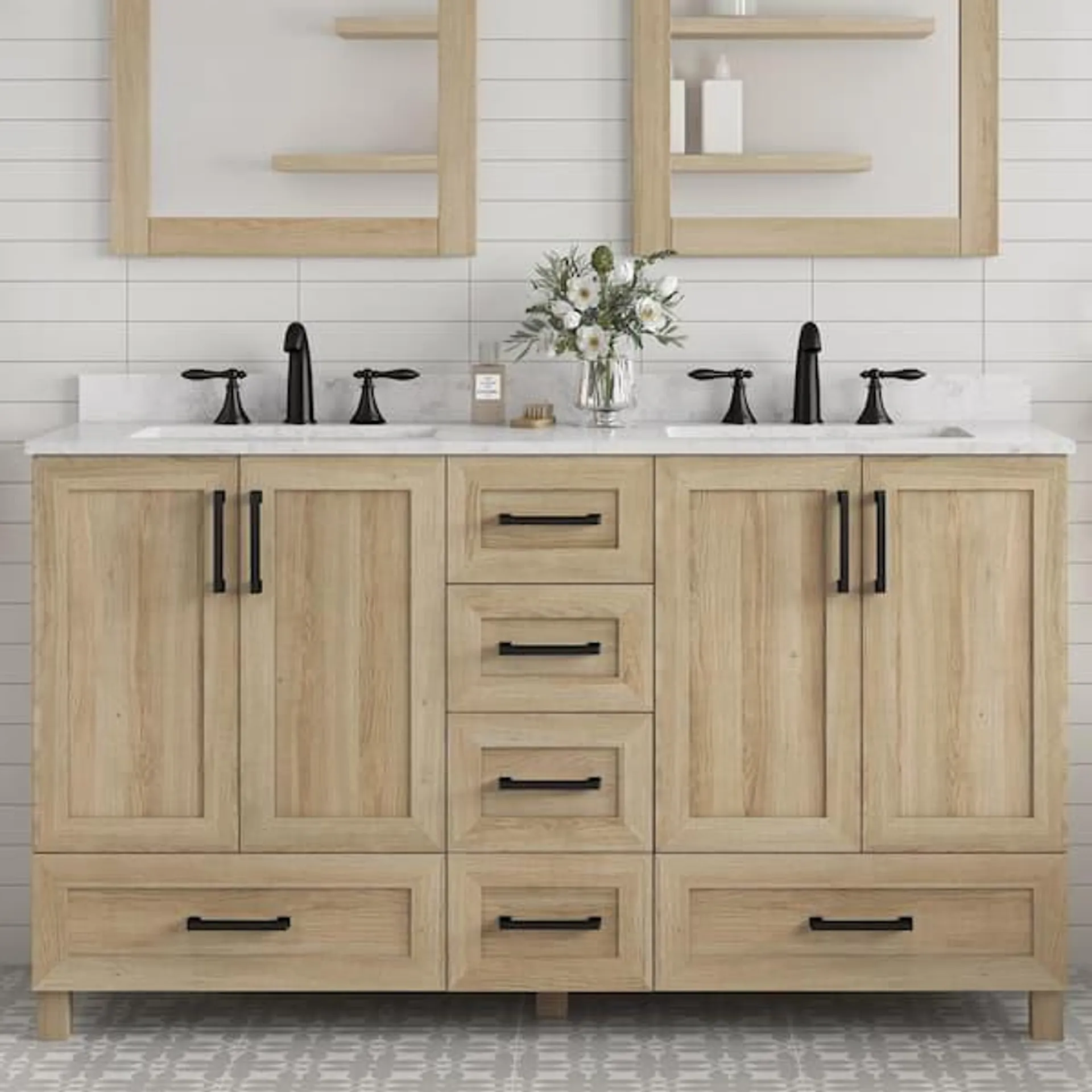 Tobana 60 in. Double Sink Weathered Tan Bath Vanity with White Engineered Marble Top (Assembled)