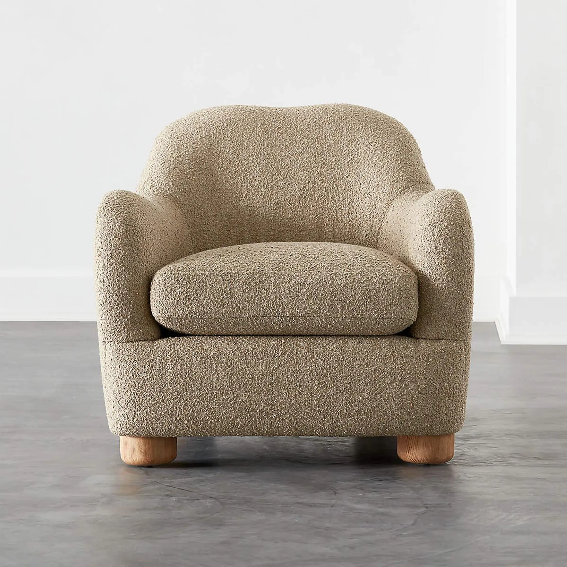Bacio Camel Boucle Lounge Chair with Bleached Oak Legs by Ross Cassidy