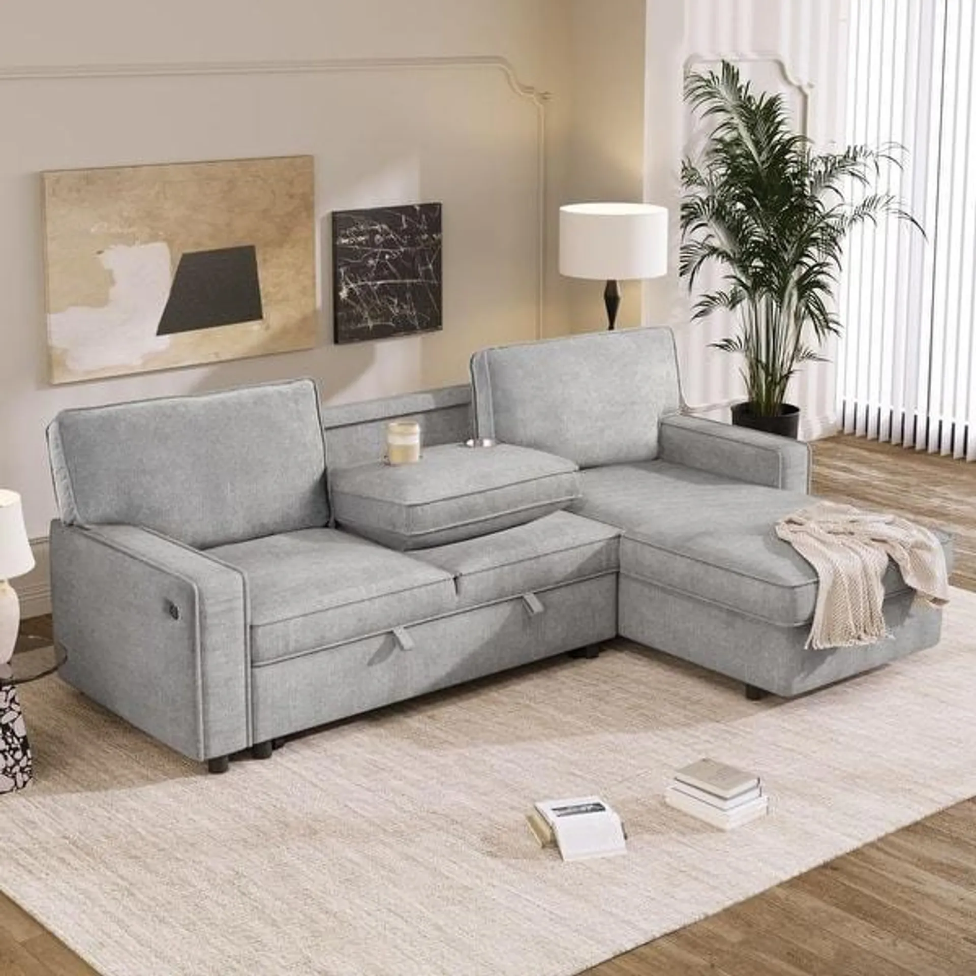 Upholstery Sleeper Sectional Sofa with Storage Space, USB port, 2 Cup Holders on Back Cushions,Grey