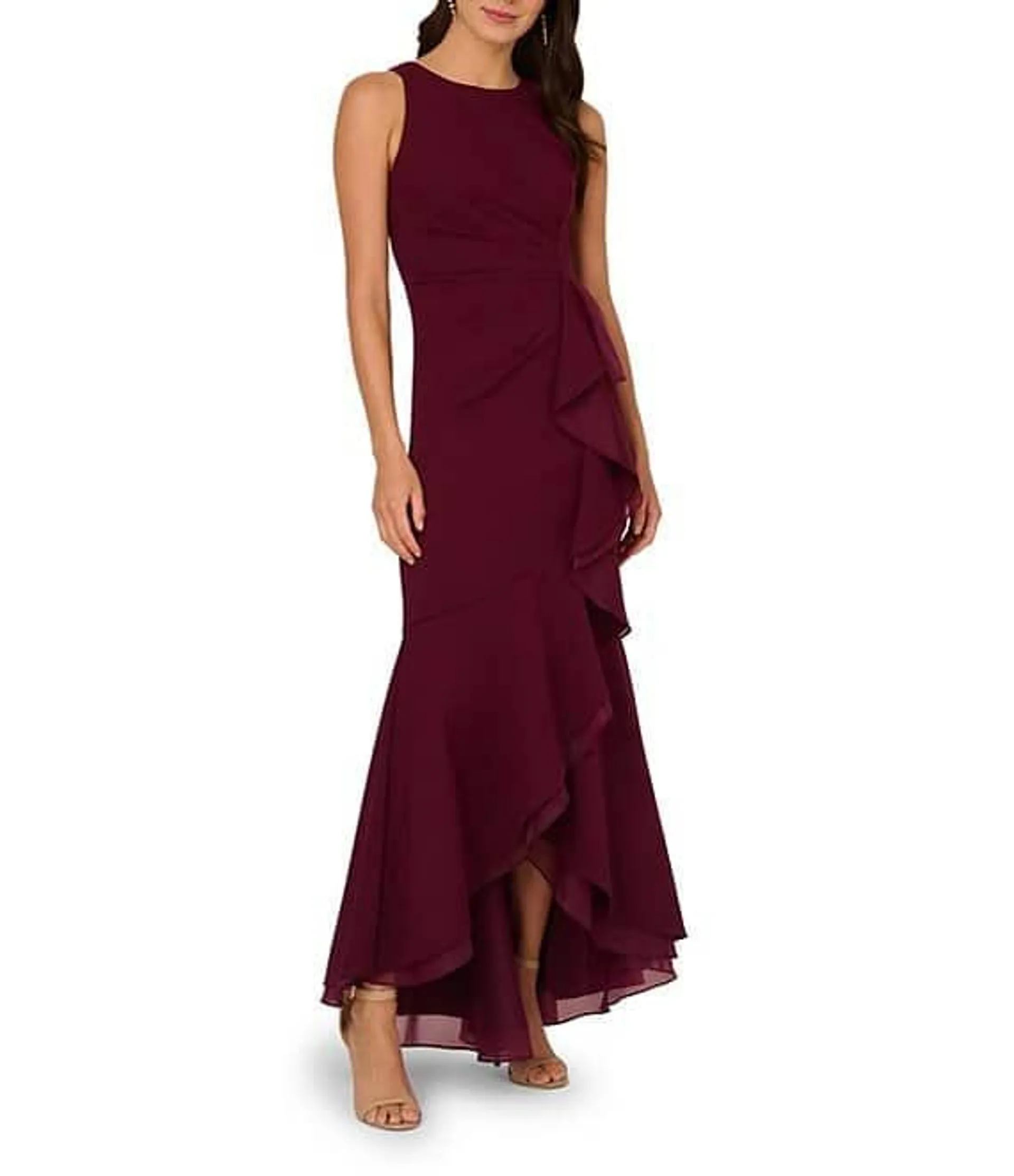 Crew Neck Sleeveless Cascading Ruffle High-Low Dress