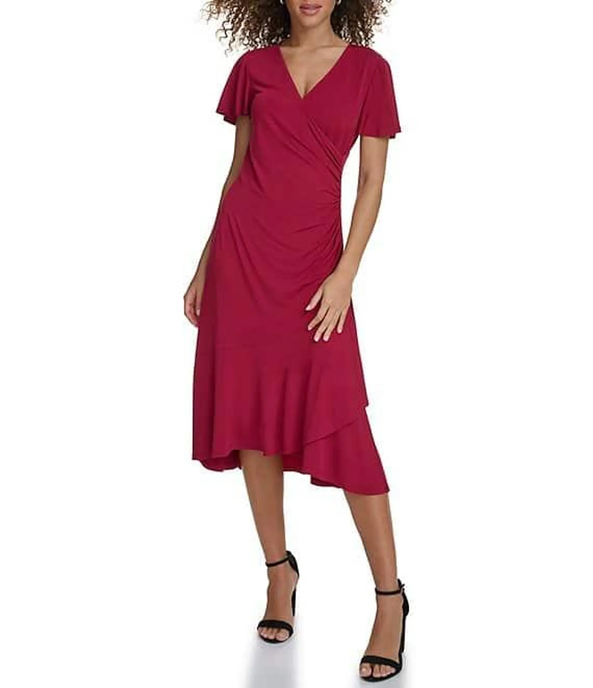 Ruched Waist Faux Wrap Surplice V-Neck Short Flutter Sleeve Midi Dress