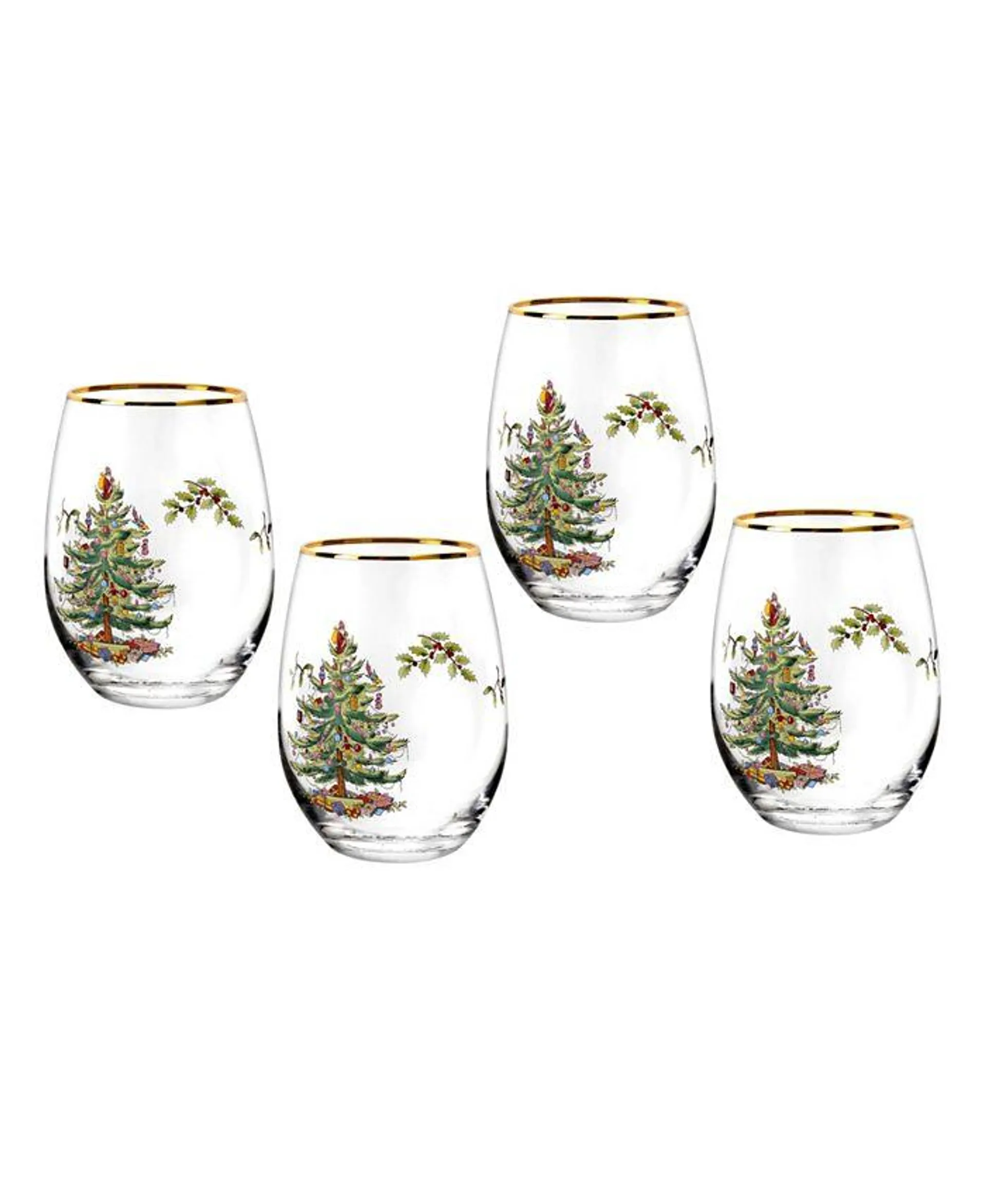 Christmas Tree 19 oz. Stemless Wine Glasses, Set of 4