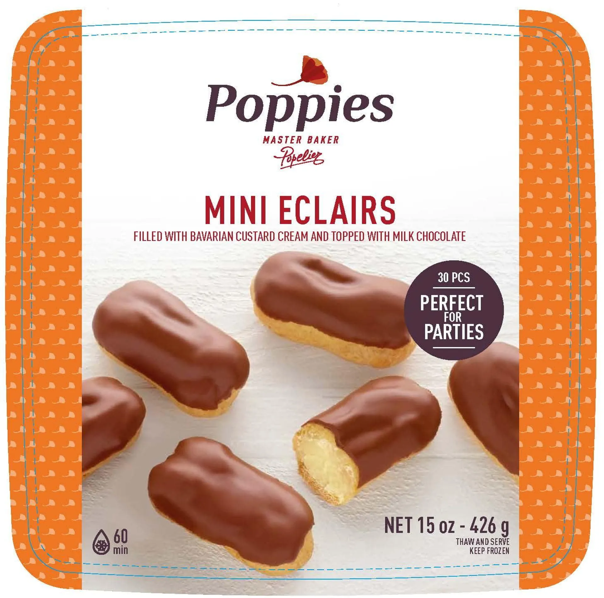 Poppies International Milk Chocolate Mini Eclairs, 15 Ounces, Frozen