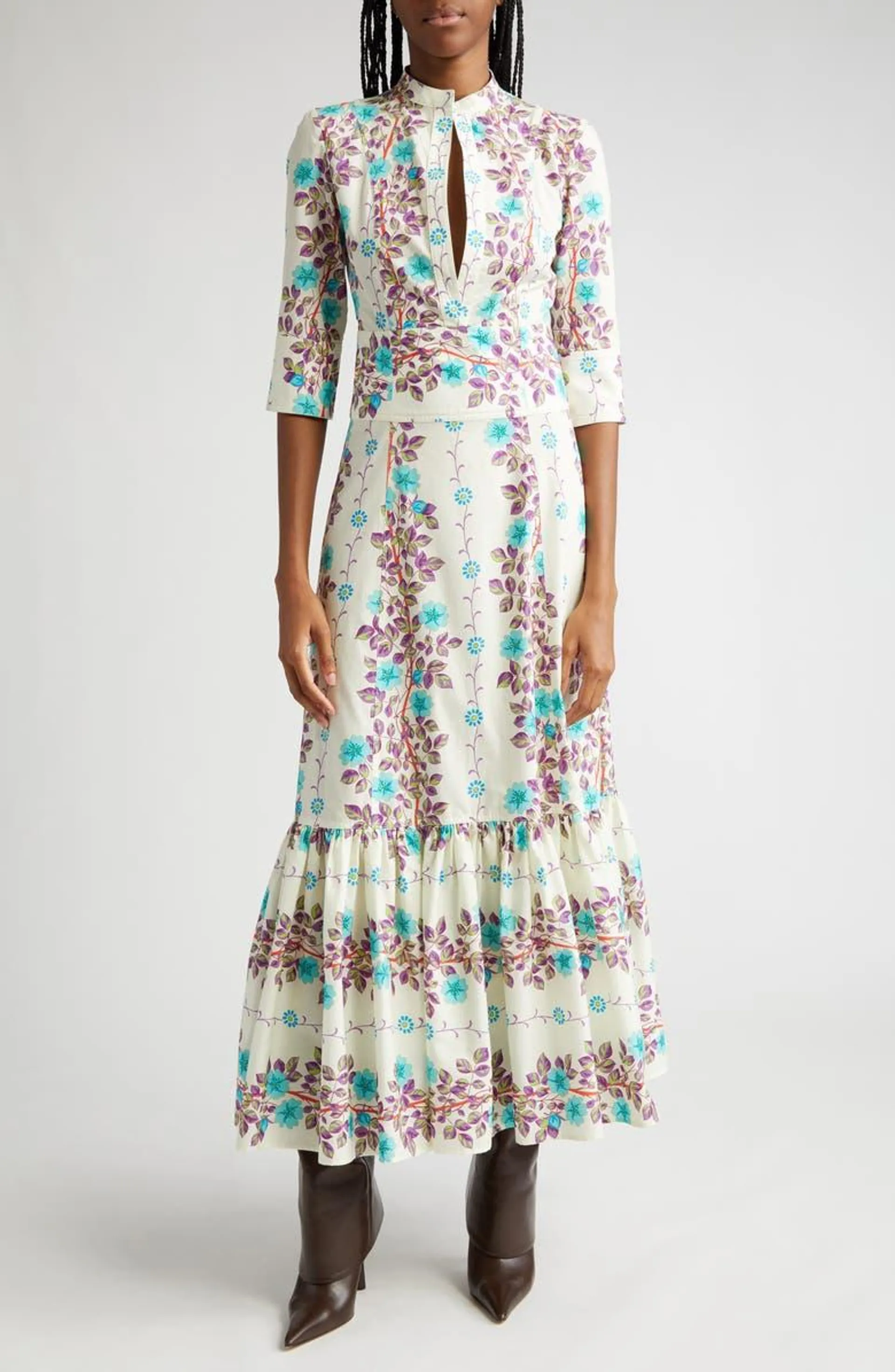 Placed Floral Print Cotton Maxi Dress