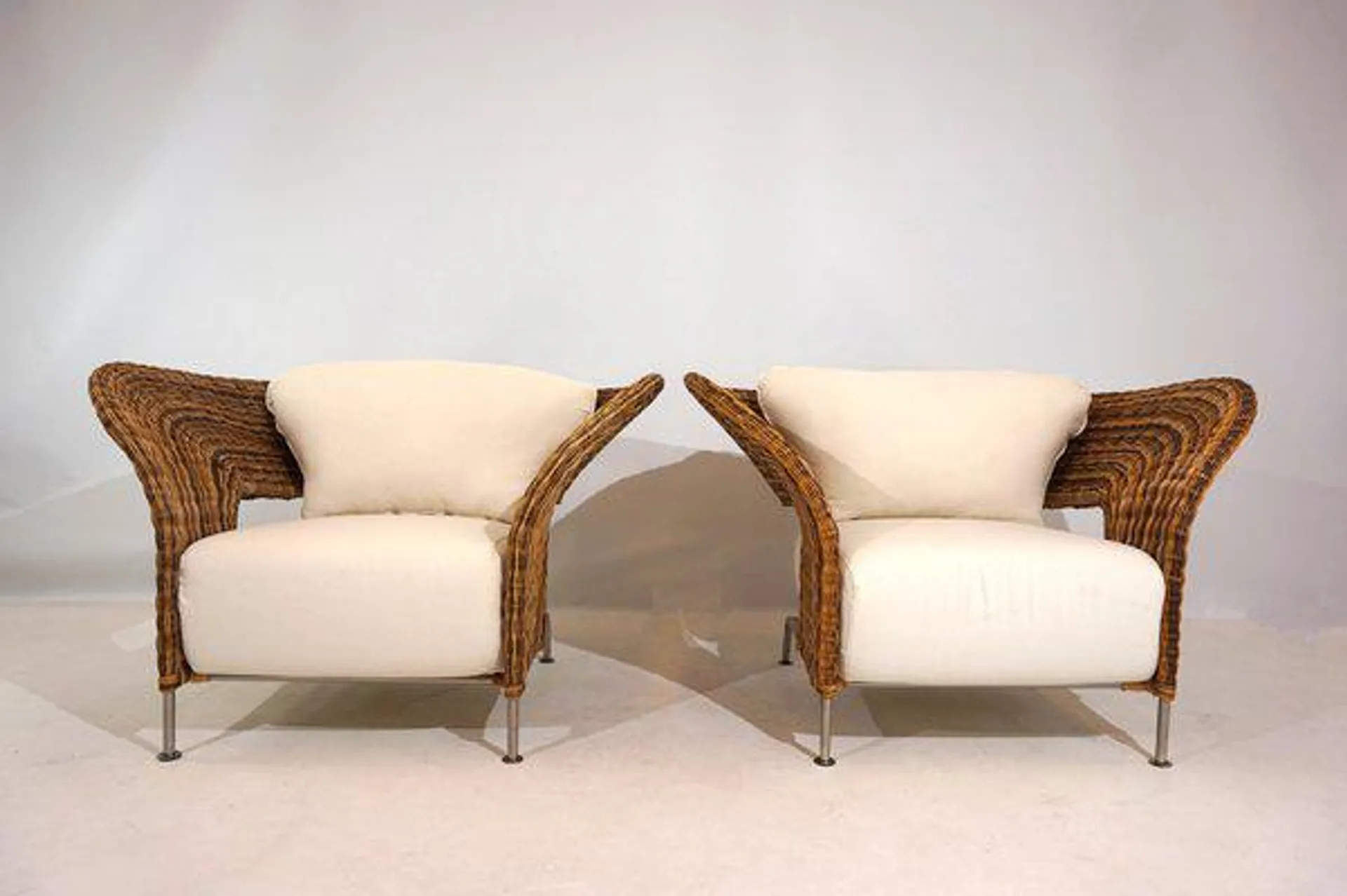 Rattan Wing Chairs, 1980s, Set of 2