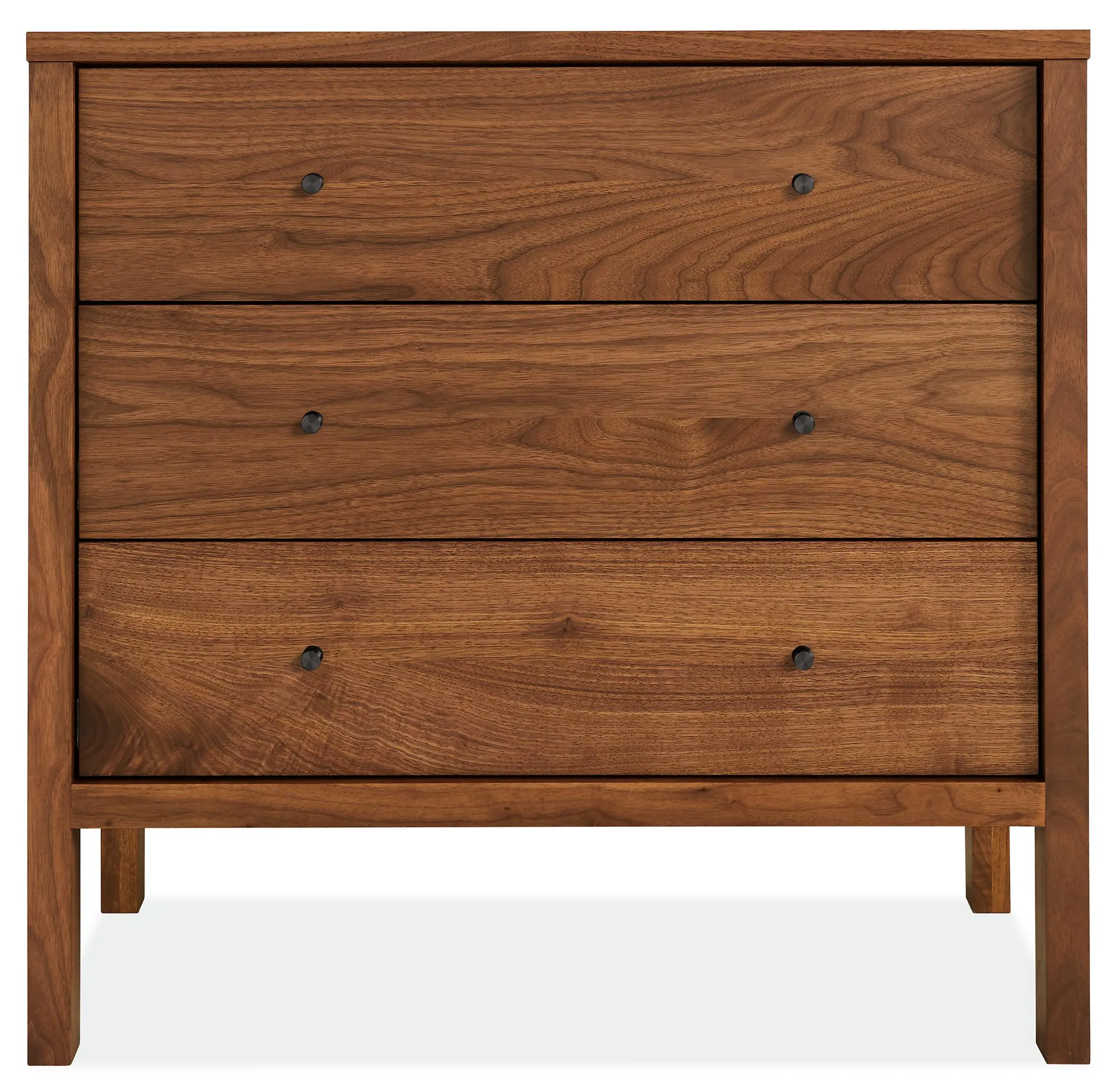 Emerson 36w 18d 35h Three-Drawer Dresser in Walnut w/Natural Steel Pulls