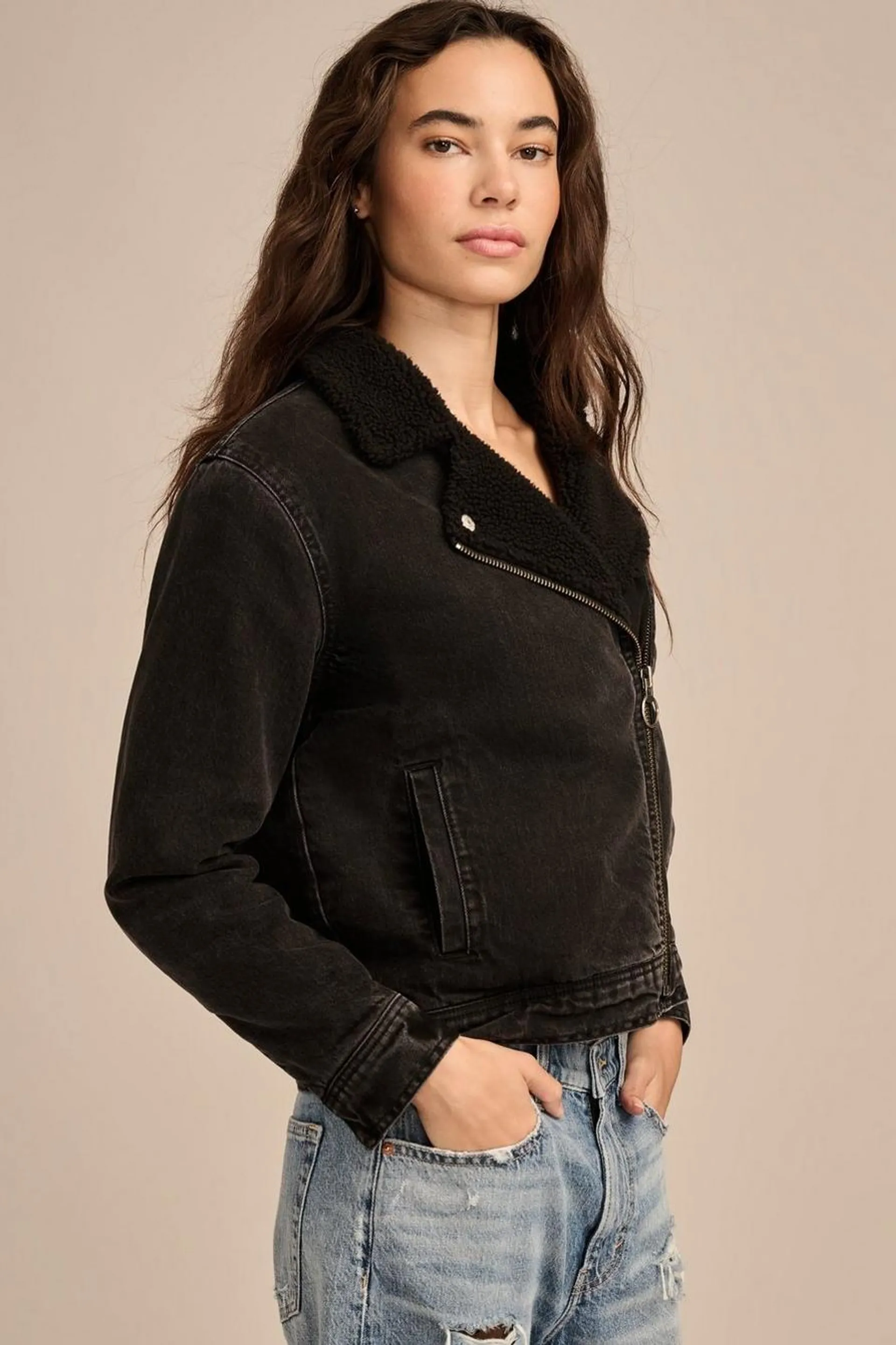 faux shearling denim moto jacket