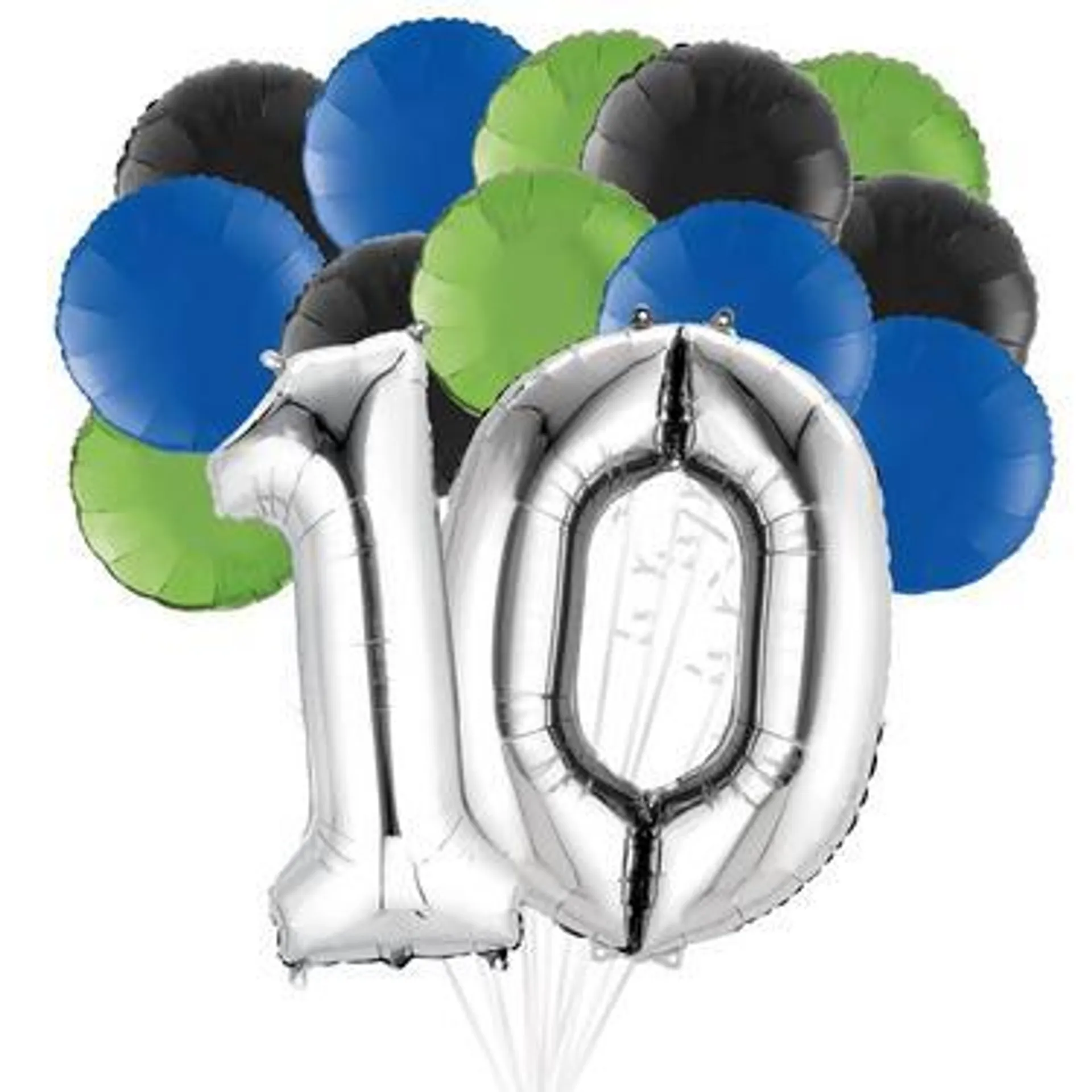 Silver 10, Blue, Green, & Black Round Foil Balloon Bouquet, 14pc