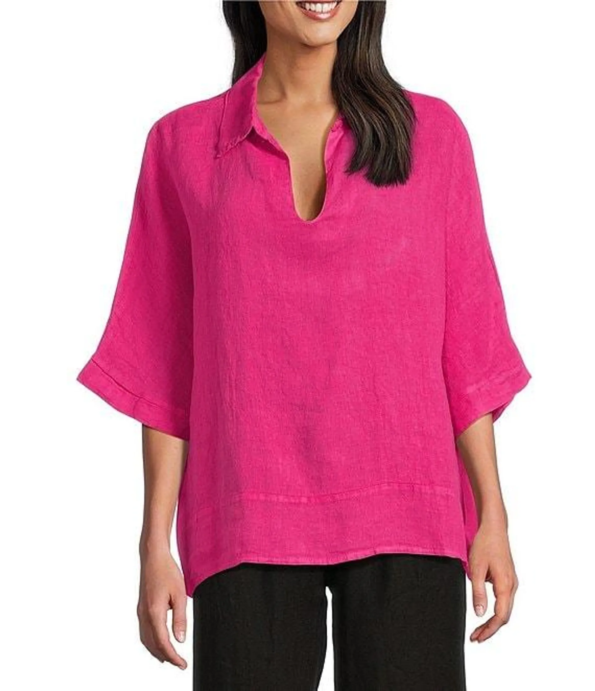Johnny Collar Neck 3/4 Sleeve Linen Blouse