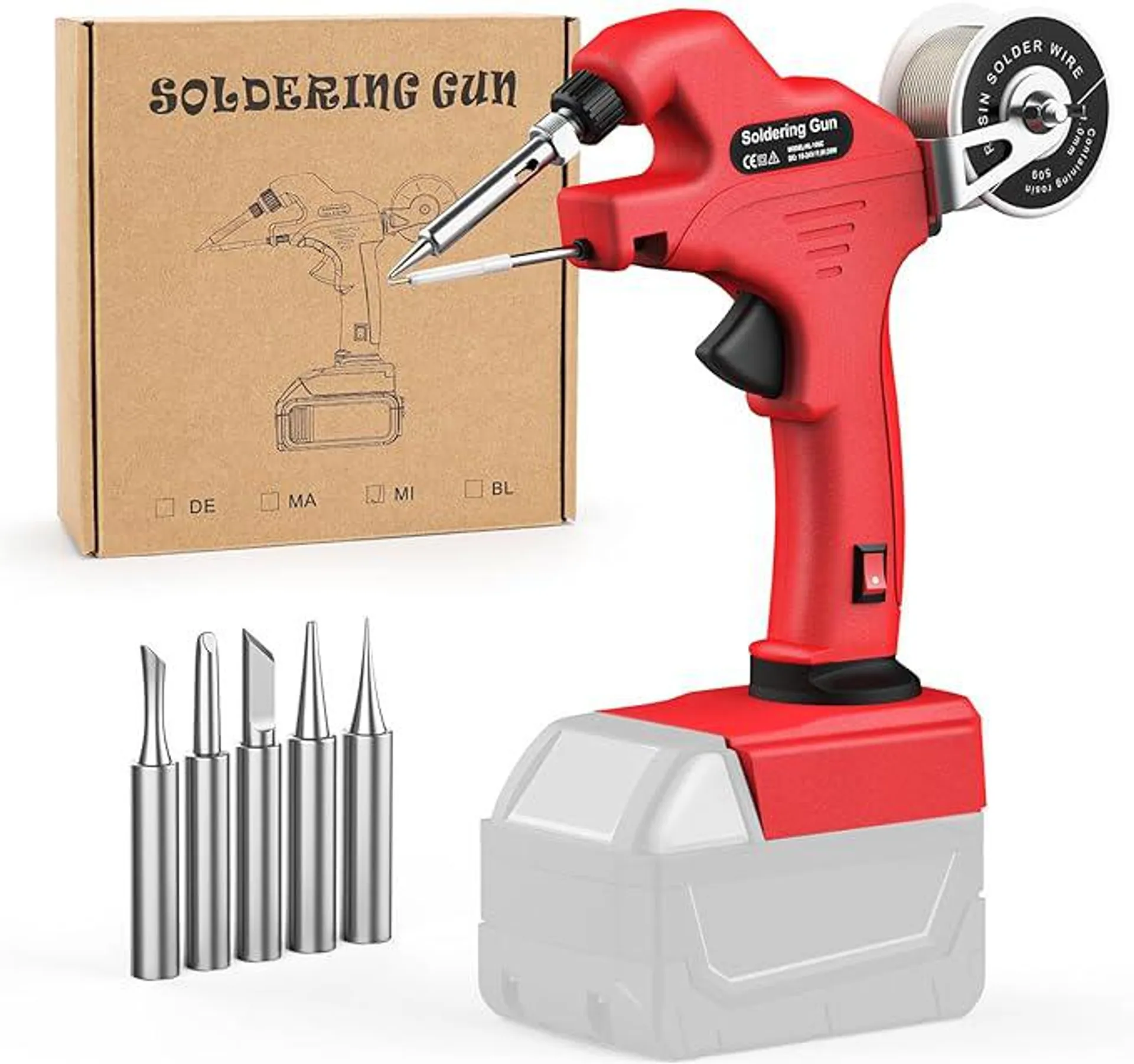Cordless Soldering Iron for Milwaukee 18v Battery, 30W Automatic Feed One Hand-held Soldering Welding Gun Kit with 50g 0.04’’ Solder Wire & 5pcs Solder Tips for Electronics, Jewelry Making, Repairing