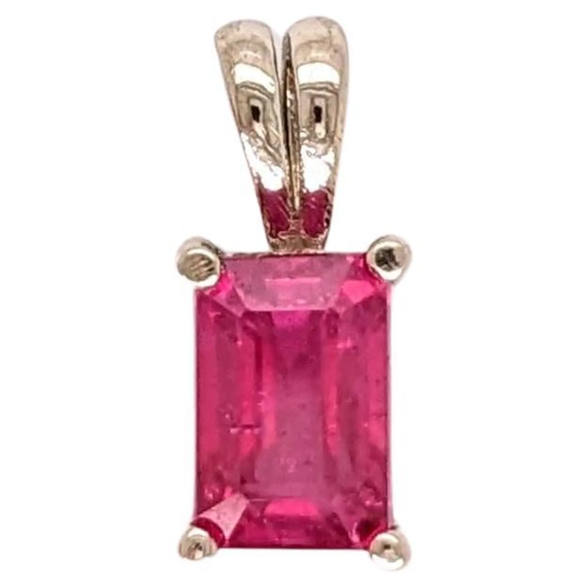 Red Ruby Solitaire Pendant in Solid 14K White Gold Emerald Cut 6x4mm